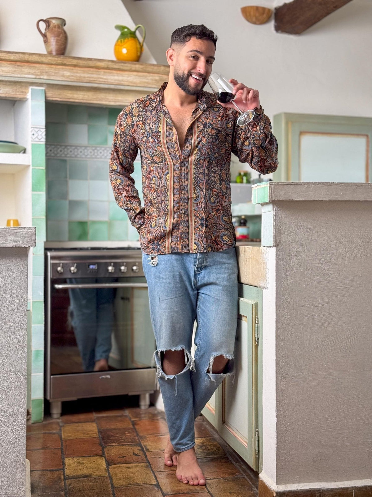 Retro Large French Collar Silk Shirt - Long Sleeve Shirt - Boho Chic Shirt, Vintage Shirt, Men’s Chic Shirt