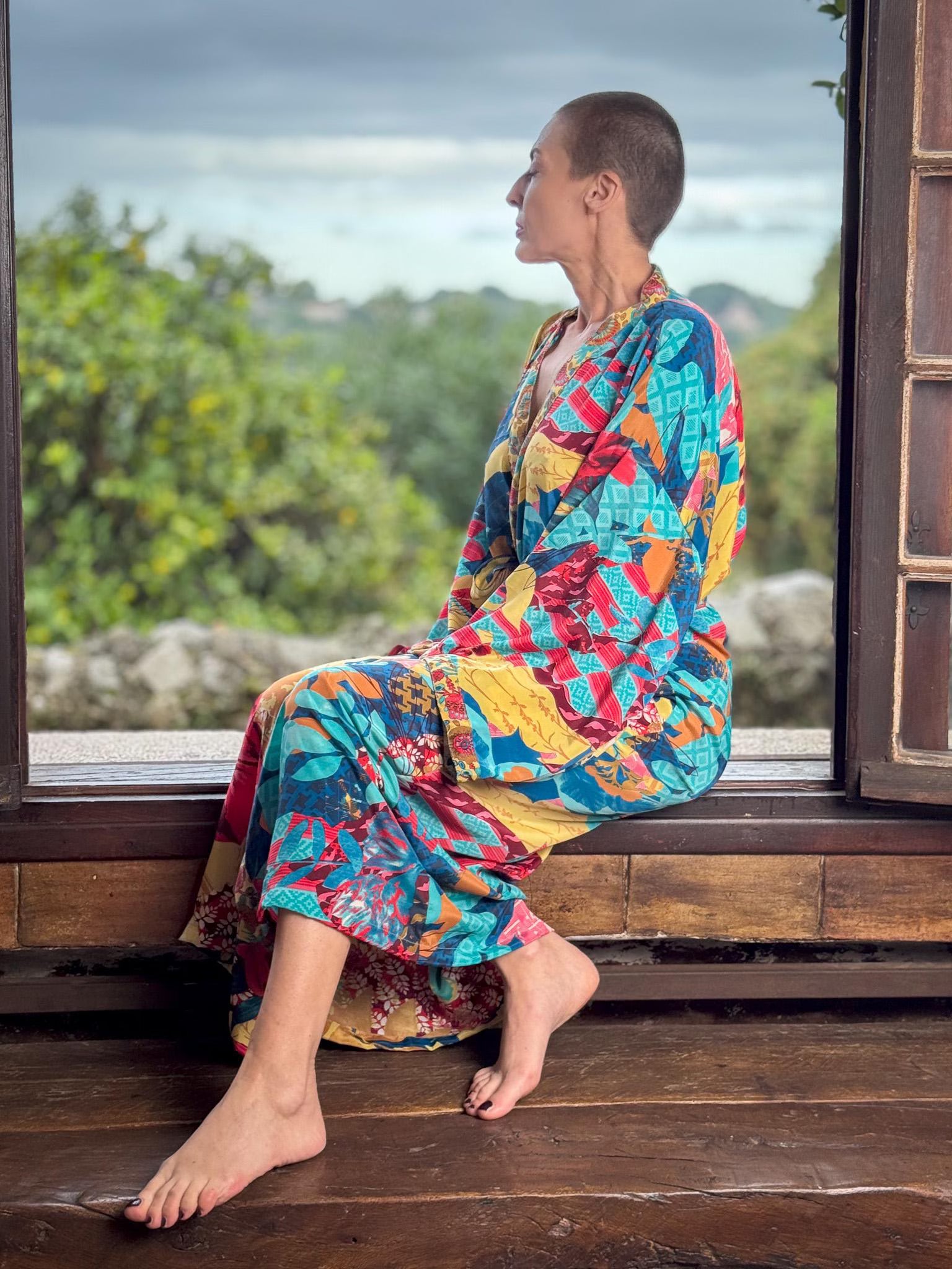 Kimono long en soie, robe d'intérieur bohème, kimono vintage avec ceinture, cadeau de Noël, cadeaux pour elle