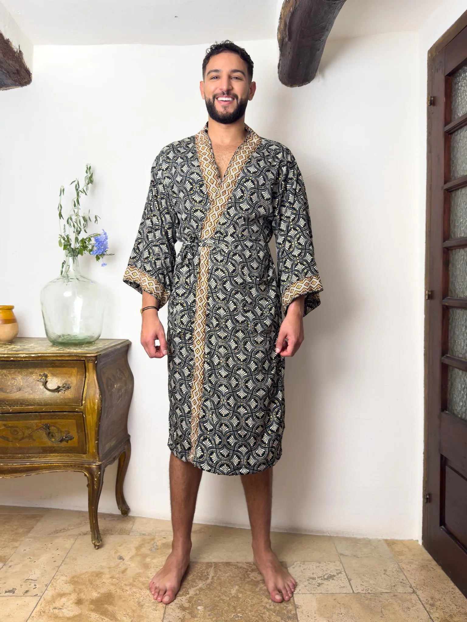 Kimono homme bohème en soie, kimono pour lui, peignoir en soie, robe de chambre, cadeau pour lui
