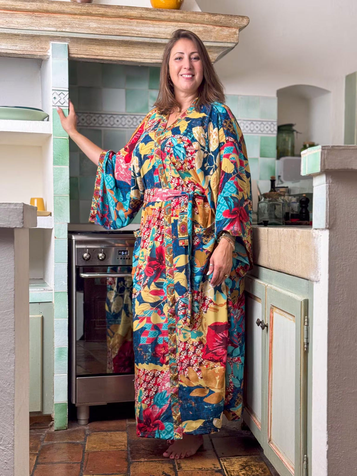 Kimono long en soie, robe d'intérieur bohème, kimono vintage avec ceinture, cadeau de Noël, cadeaux pour elle