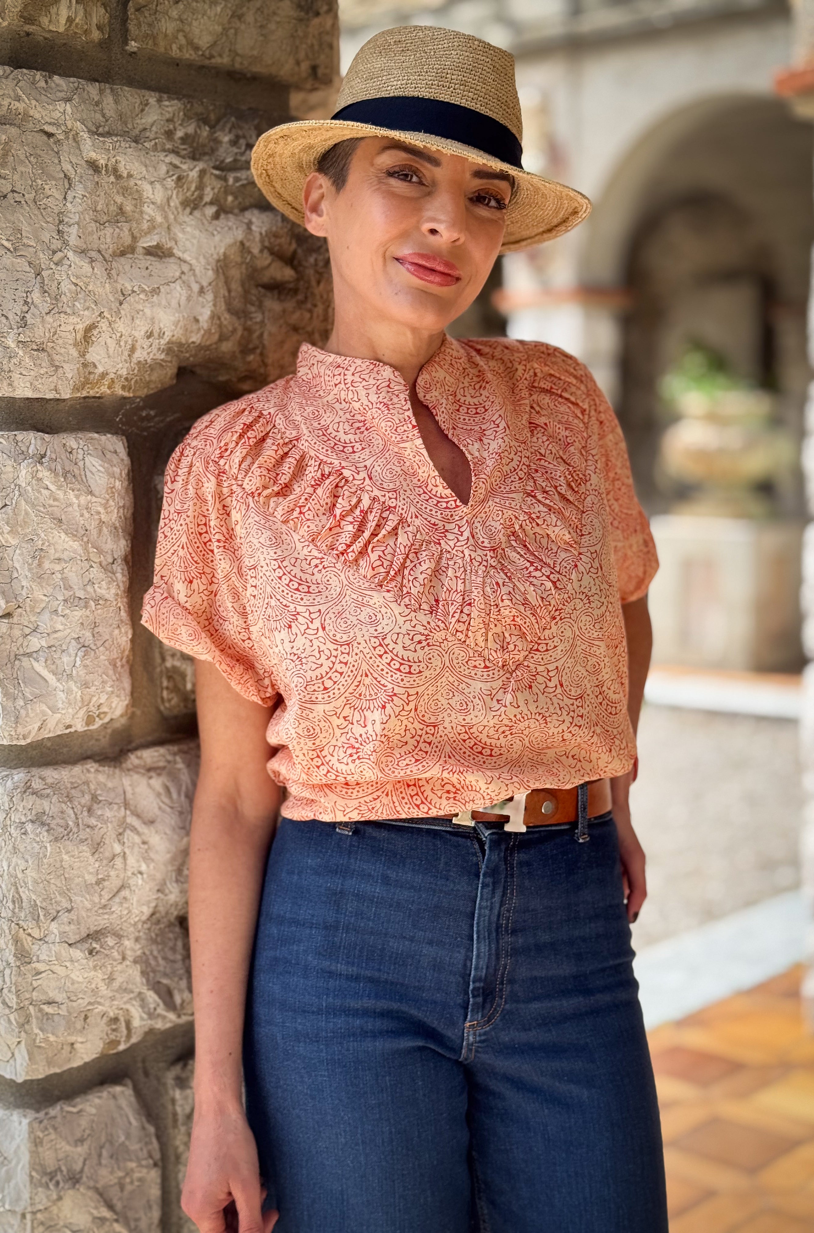 Women’s Cotton Block Print Blouse – Tunisian Collar, Short Sleeves, Flowy Fit