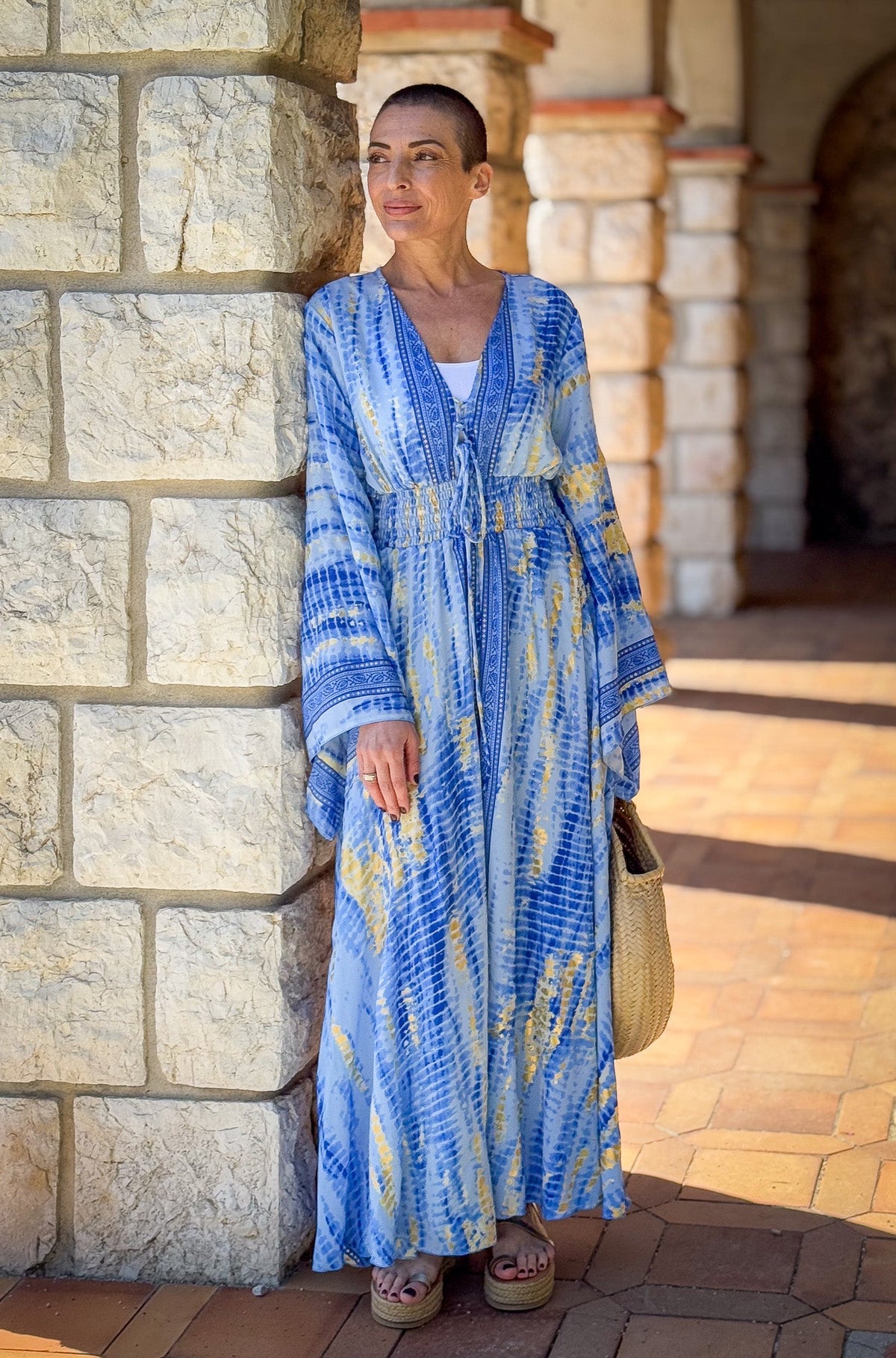Long boho silk dress, vintage silk dress, plunging neckline dress, shirring dress, bohemian gypsy dress, summer dress
