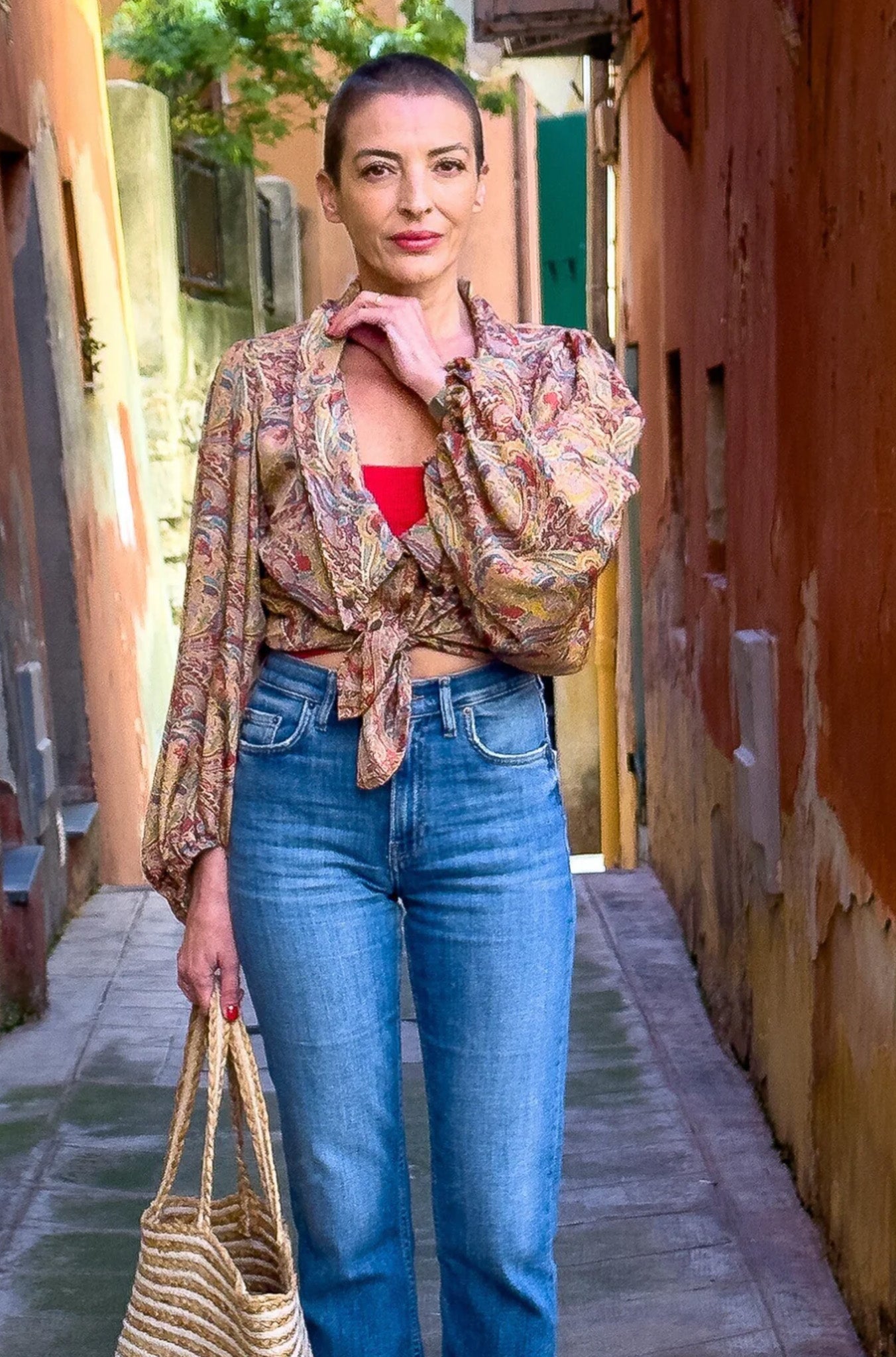 Vintage silk blouse with balloon sleeves, oversized collar, maxi low-cut blouse, long-sleeved blouse