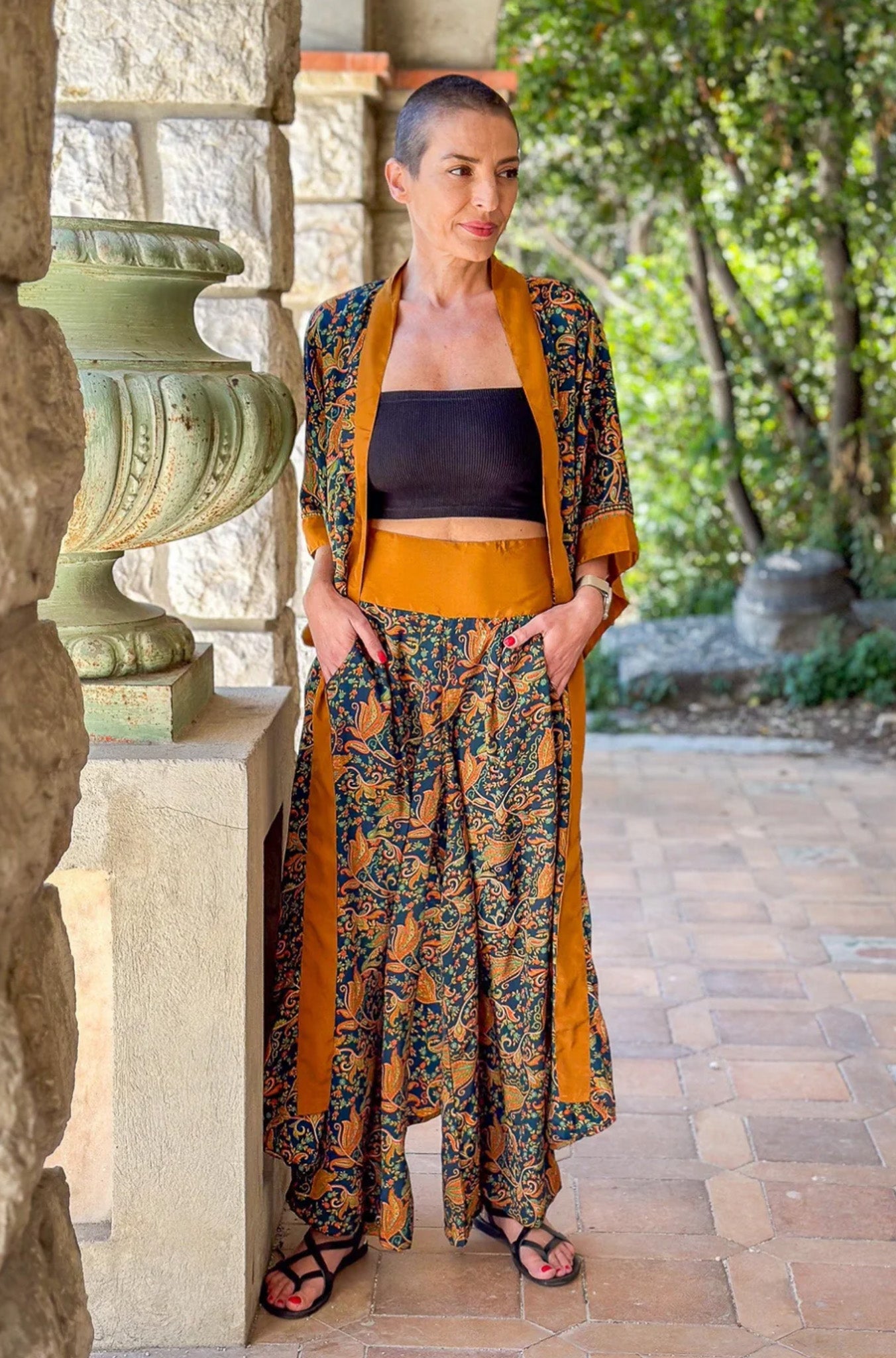 Silk kimono and palazzo pants set, seventies style kimono, casual chic silk set, wide leg silk pants