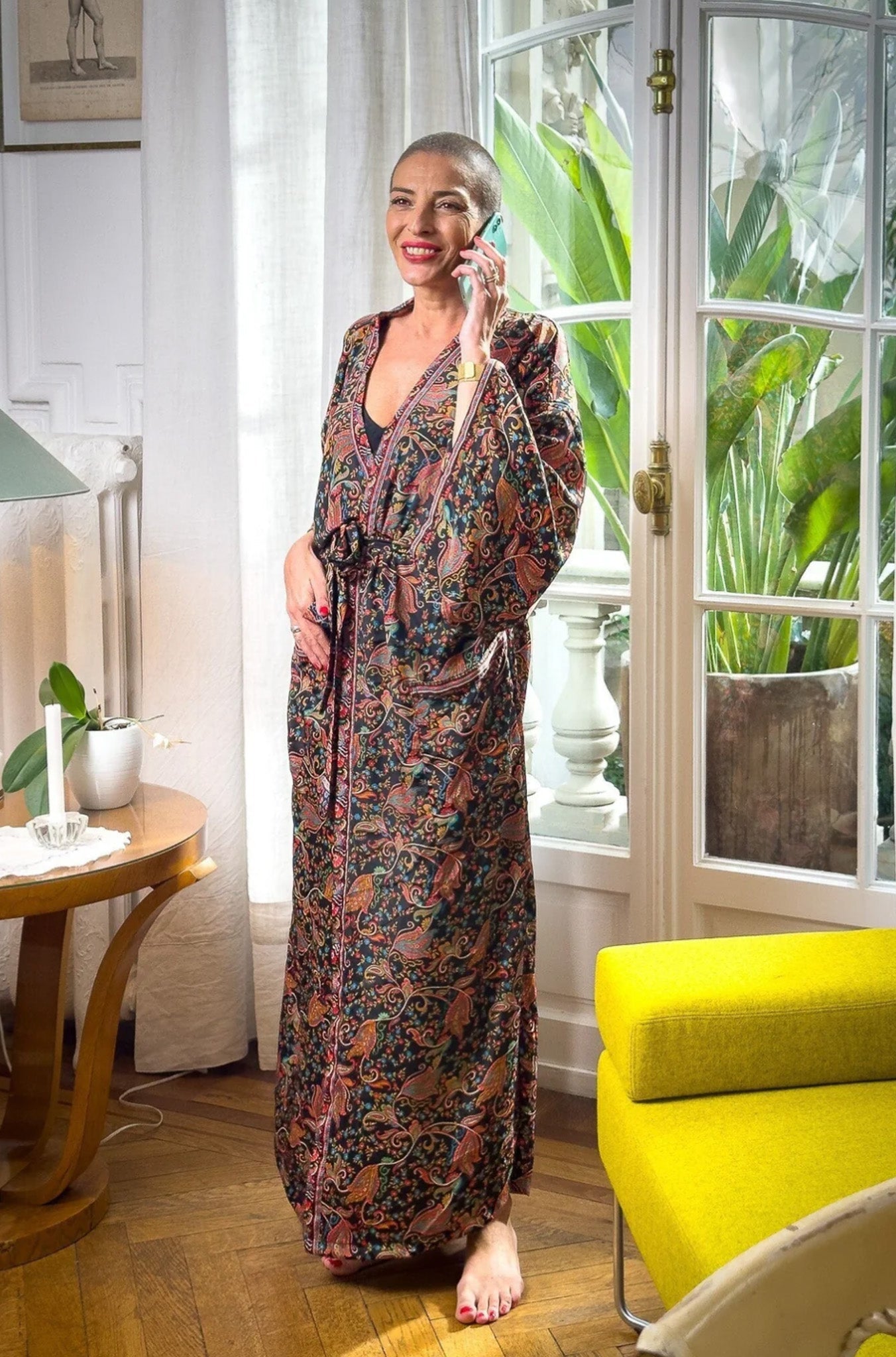 Kimono long en soie, robe maison bohème, kimono vintage avec ceinture, cadeau de Noël, cadeaux pour elle