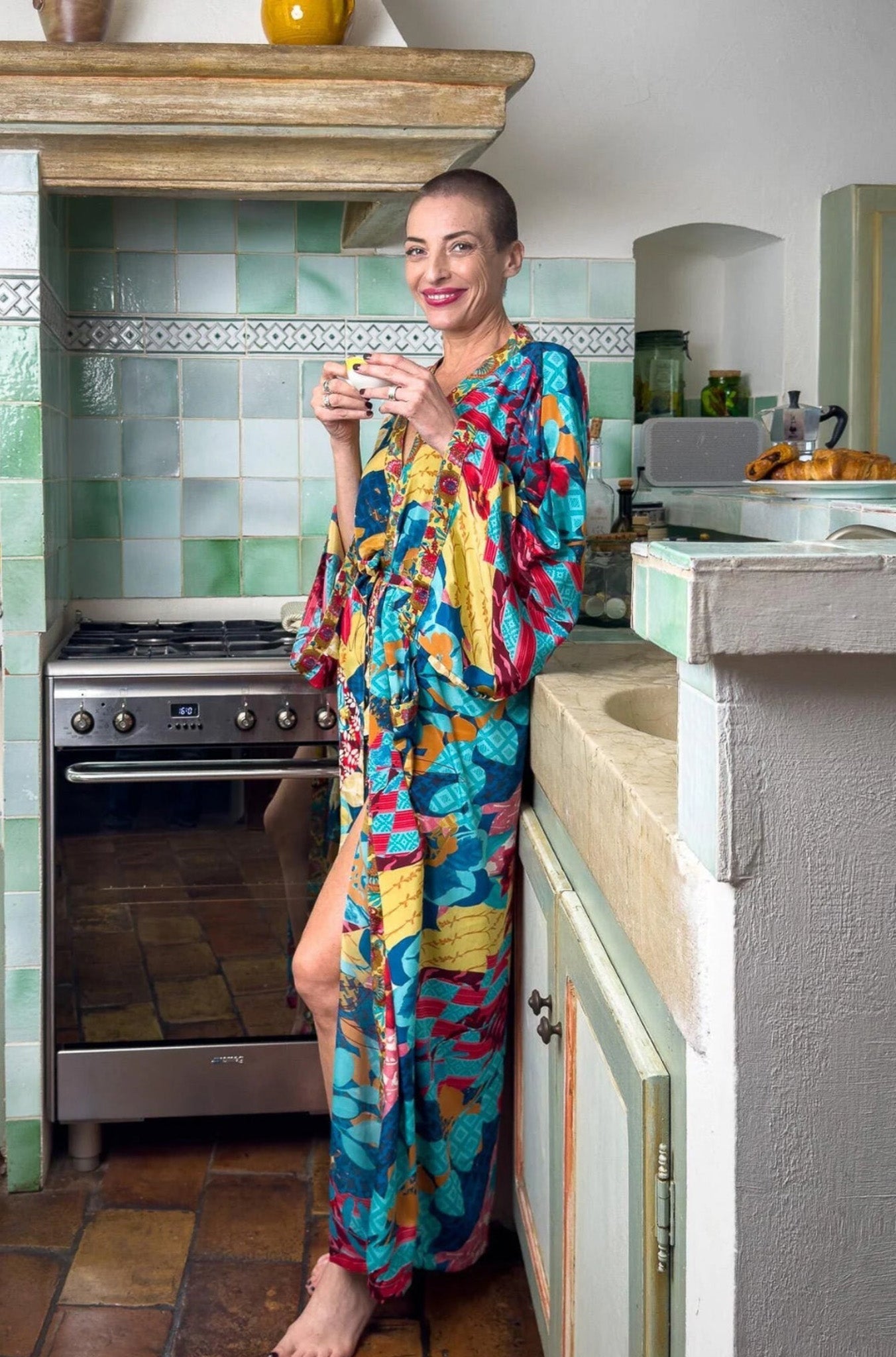 Kimono long en soie, robe d'intérieur bohème, kimono vintage avec ceinture, cadeau de Noël, cadeaux pour elle