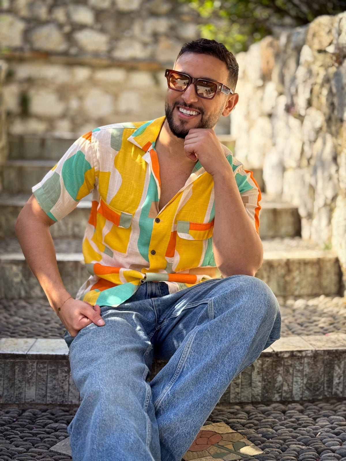 Men’s Vintage short sleeves Shirt – Cuban Collar, Coconut Buttons & Retro Charm – Gift for Him