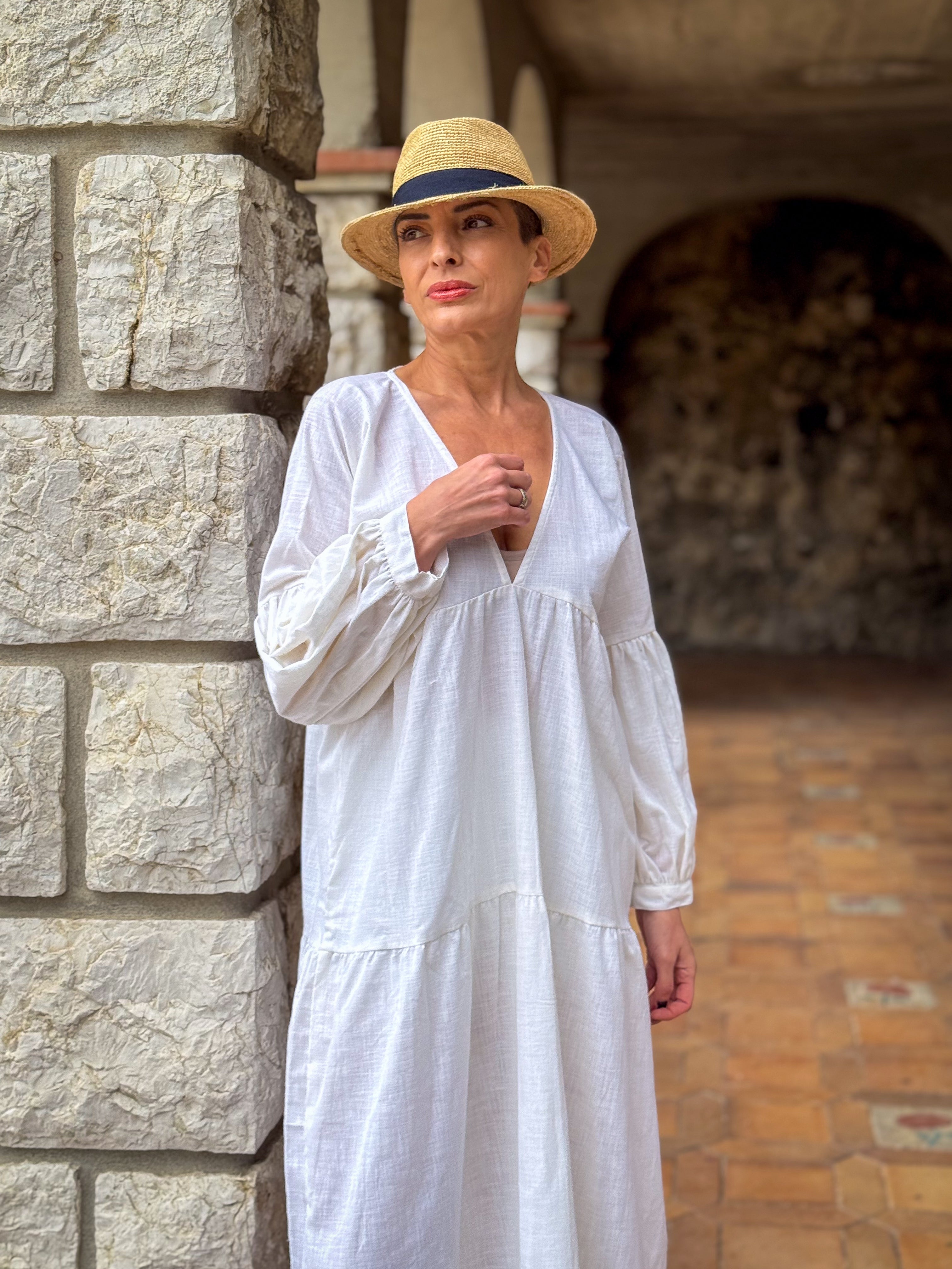 Boho Summer Maxi Dress in Linen – Loose Fit, Puff Sleeves