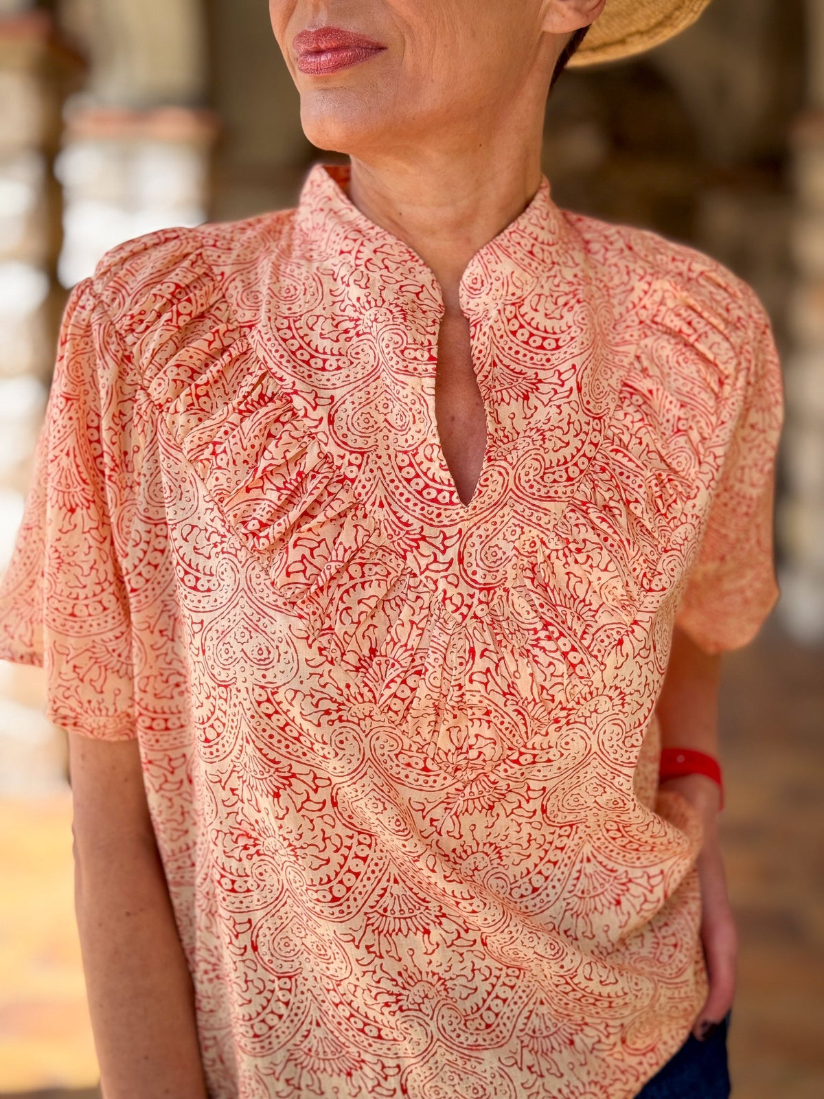 Women’s Cotton Block Print Blouse – Tunisian Collar, Short Sleeves, Flowy Fit
