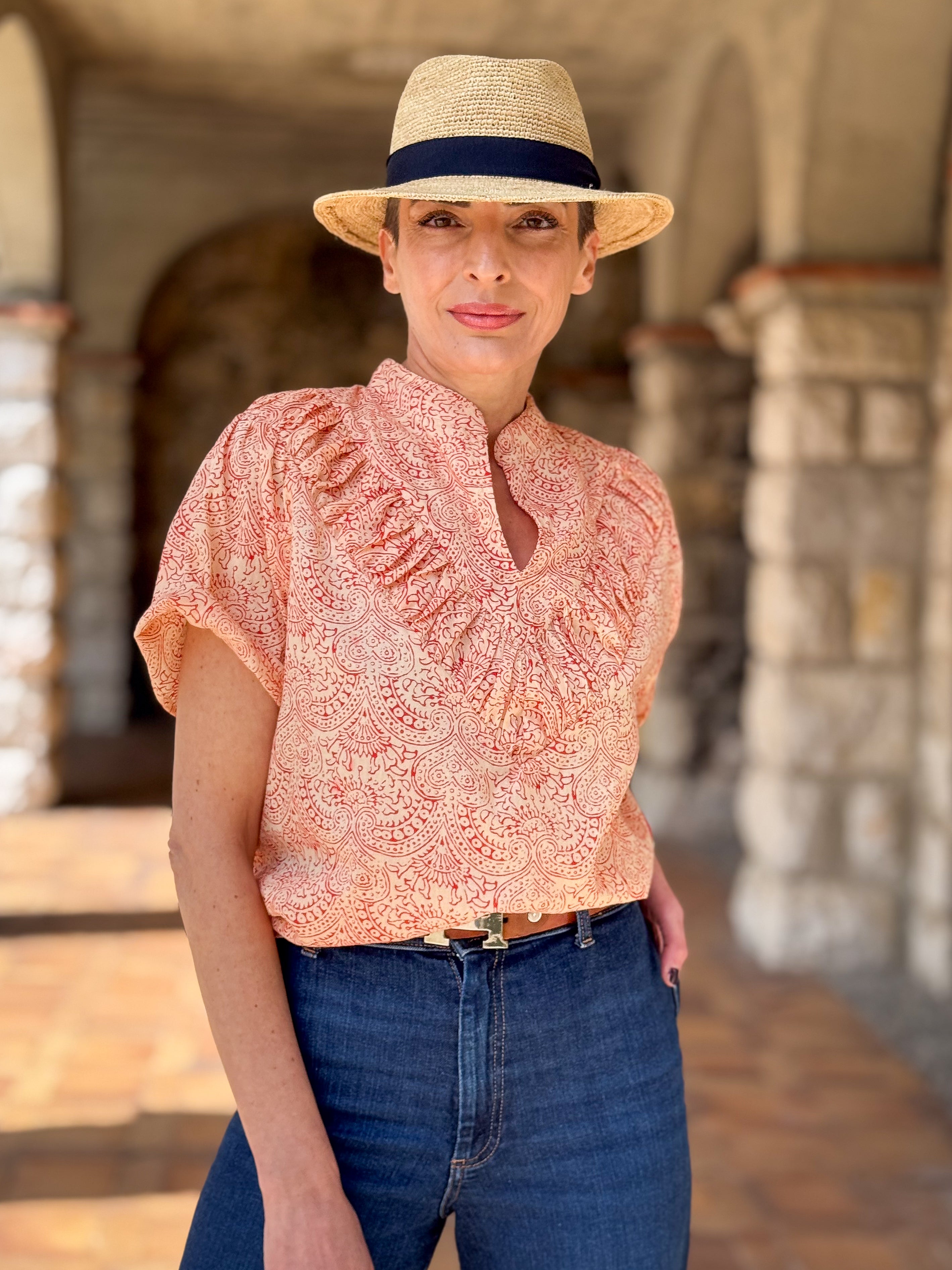 Women’s Cotton Block Print Blouse – Tunisian Collar, Short Sleeves, Flowy Fit