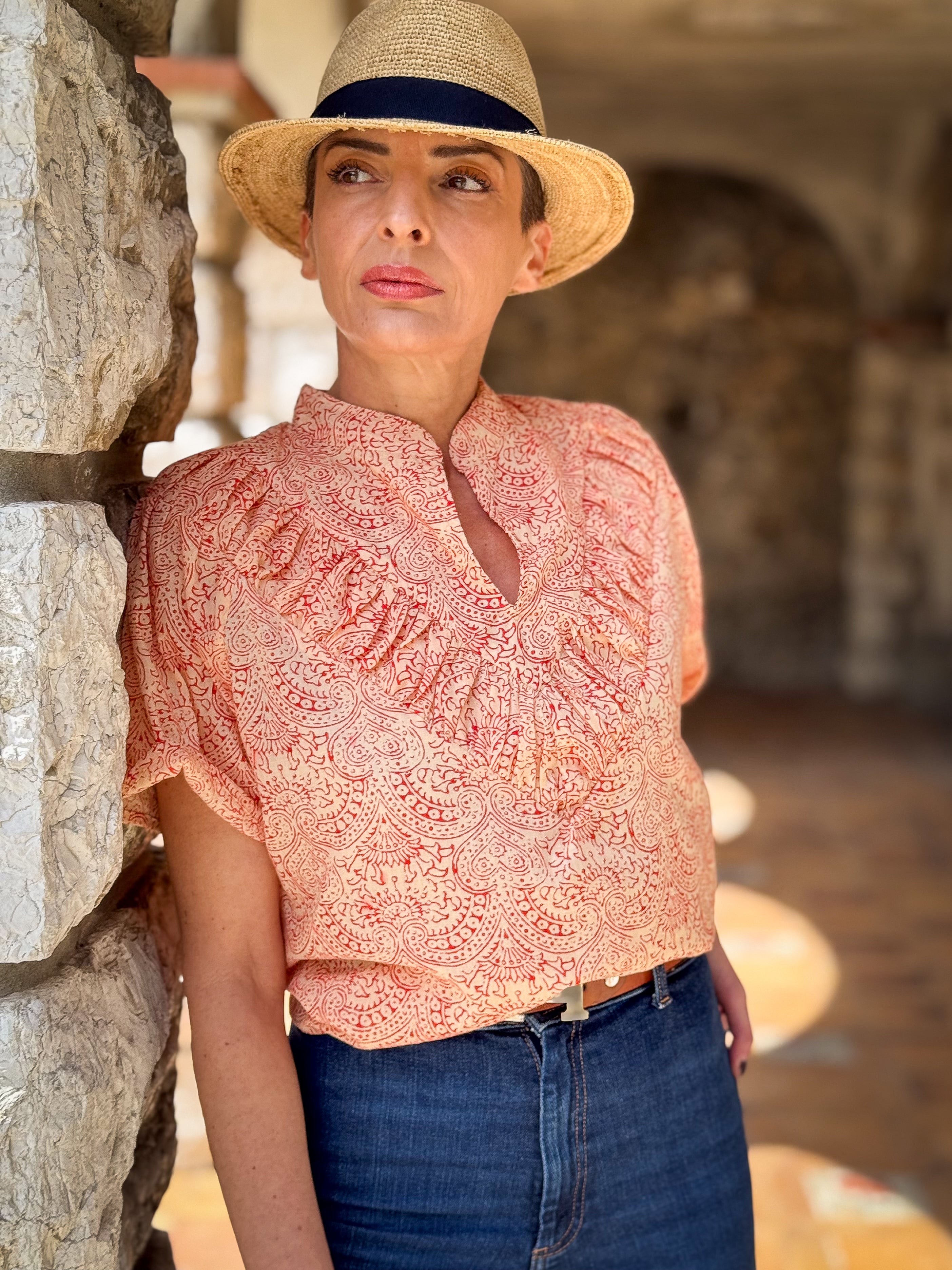 Women’s Cotton Block Print Blouse – Tunisian Collar, Short Sleeves, Flowy Fit