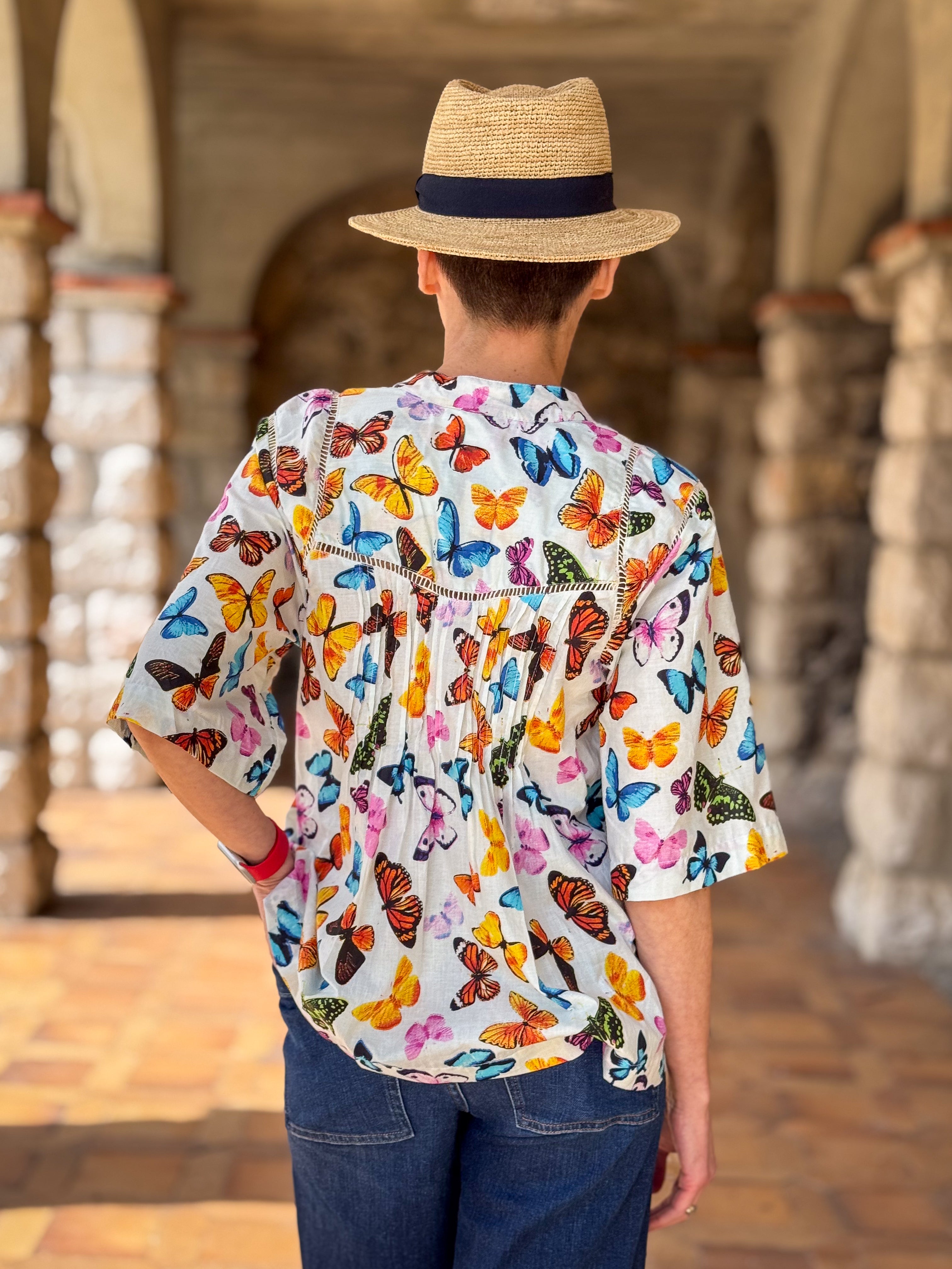 Women’s Cotton Block Print Blouse – Tunisian Collar, Short Sleeves, Flowy Fit