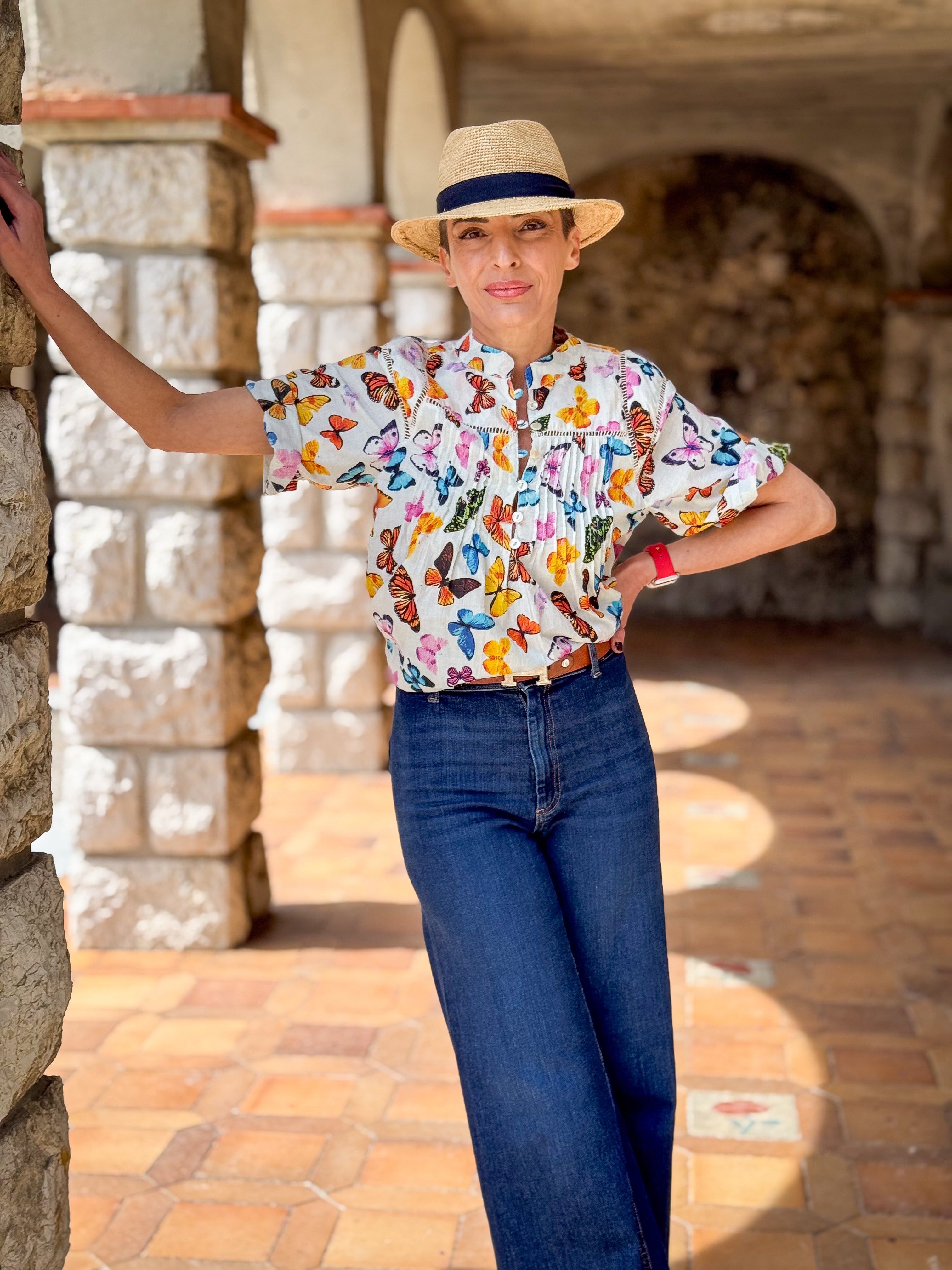 Women’s Cotton Block Print Blouse – Tunisian Collar, Short Sleeves, Flowy Fit