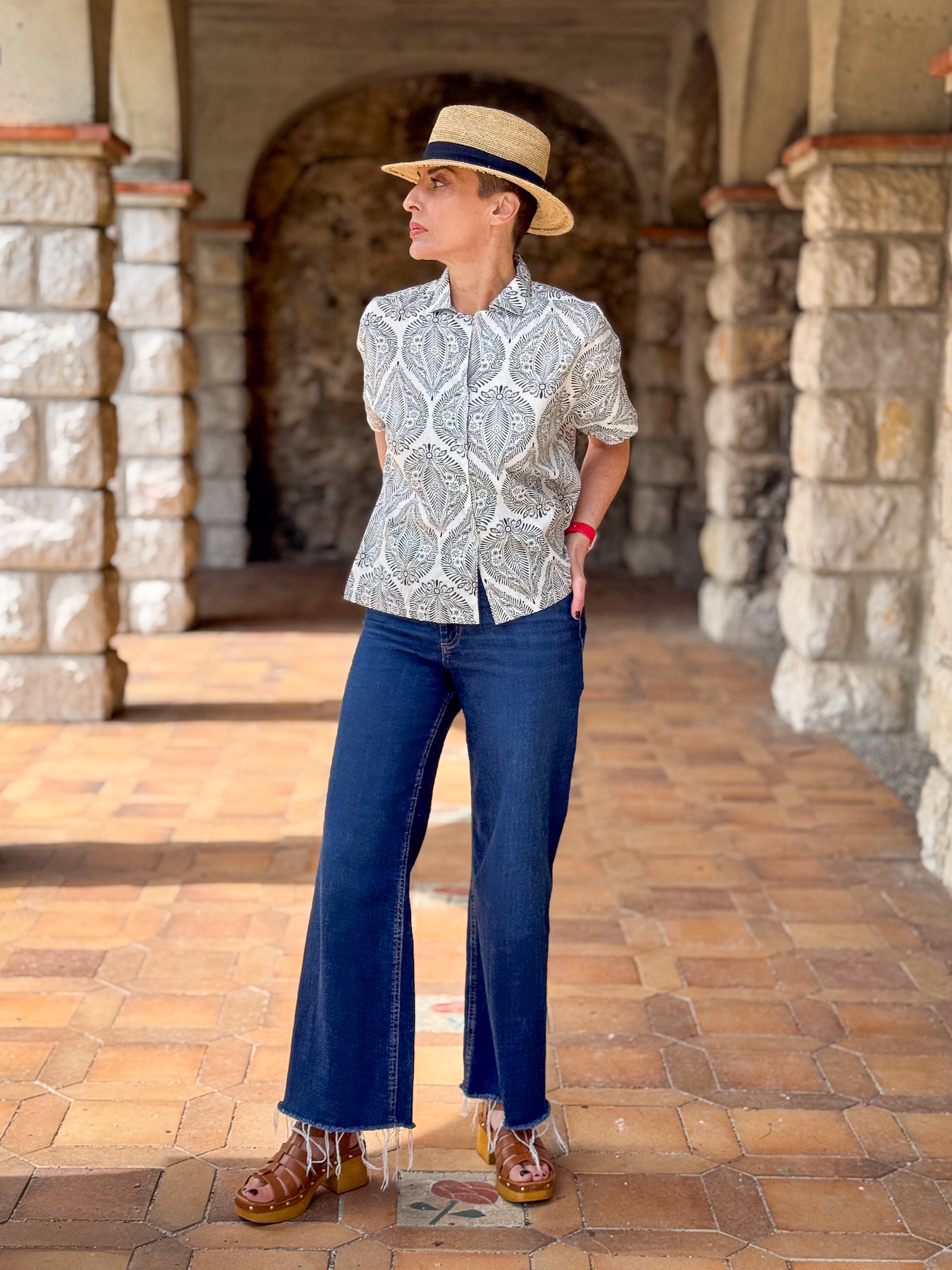 Women’s Cotton Block Print Blouse – 3/4 Sleeves, Coconut Buttons, Relaxed Fit