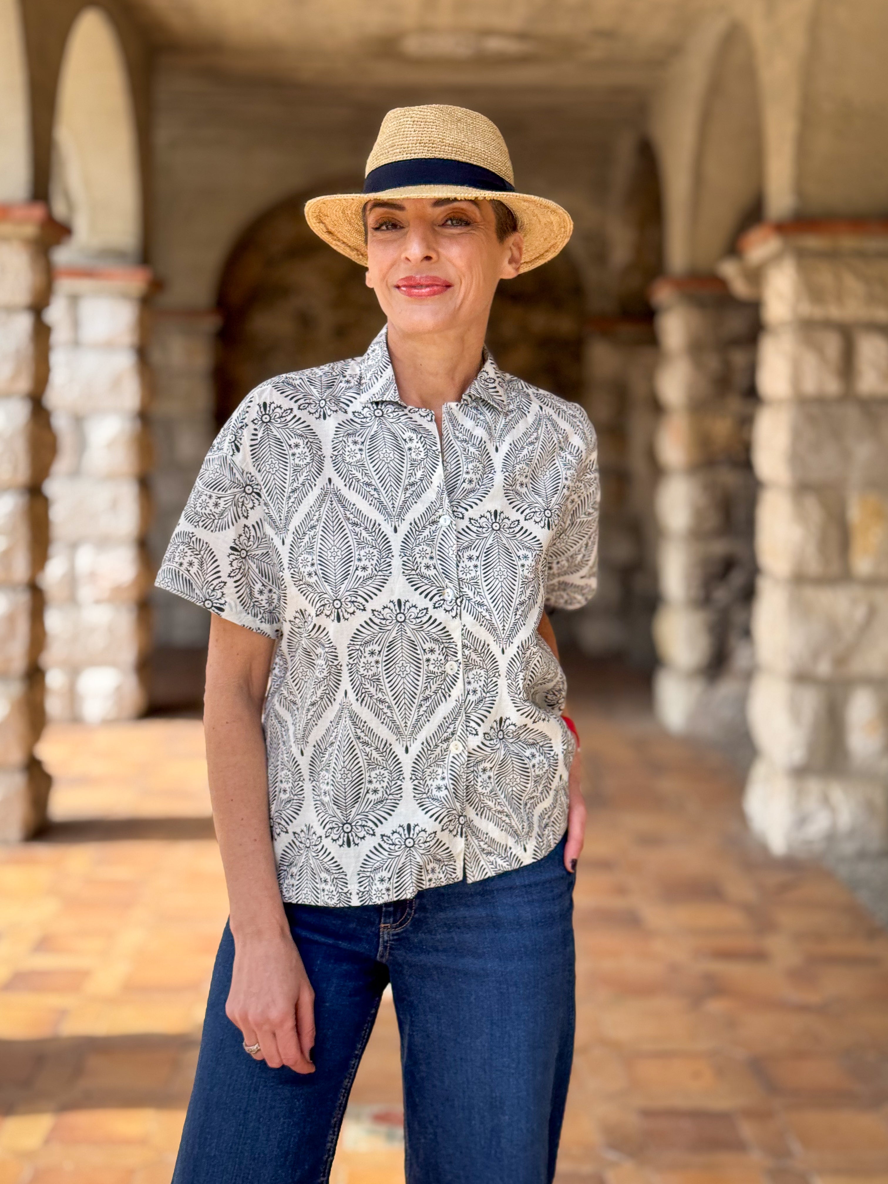 Women’s Cotton Block Print Blouse – 3/4 Sleeves, Coconut Buttons, Relaxed Fit