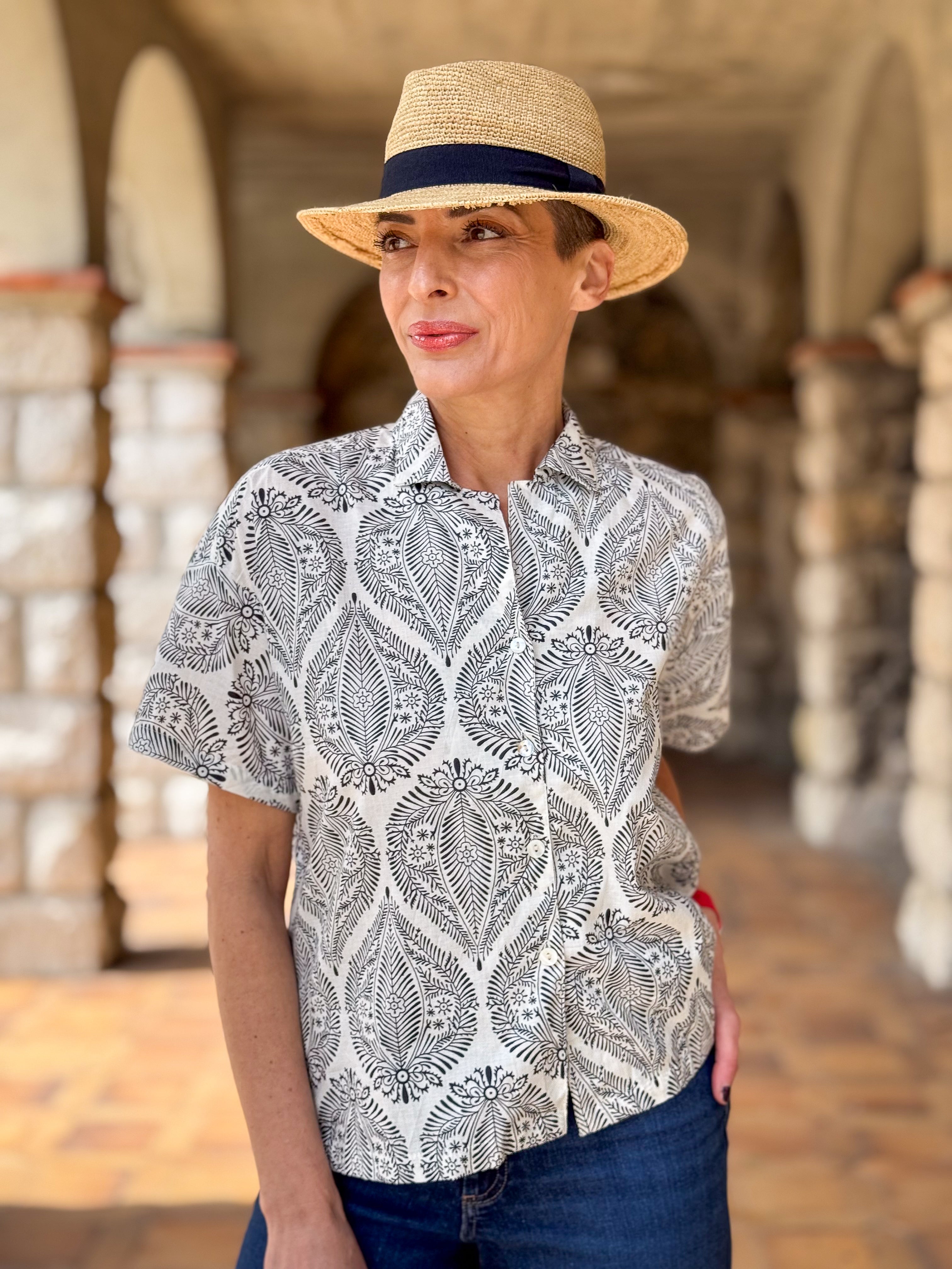 Women’s Cotton Block Print Blouse – 3/4 Sleeves, Coconut Buttons, Relaxed Fit