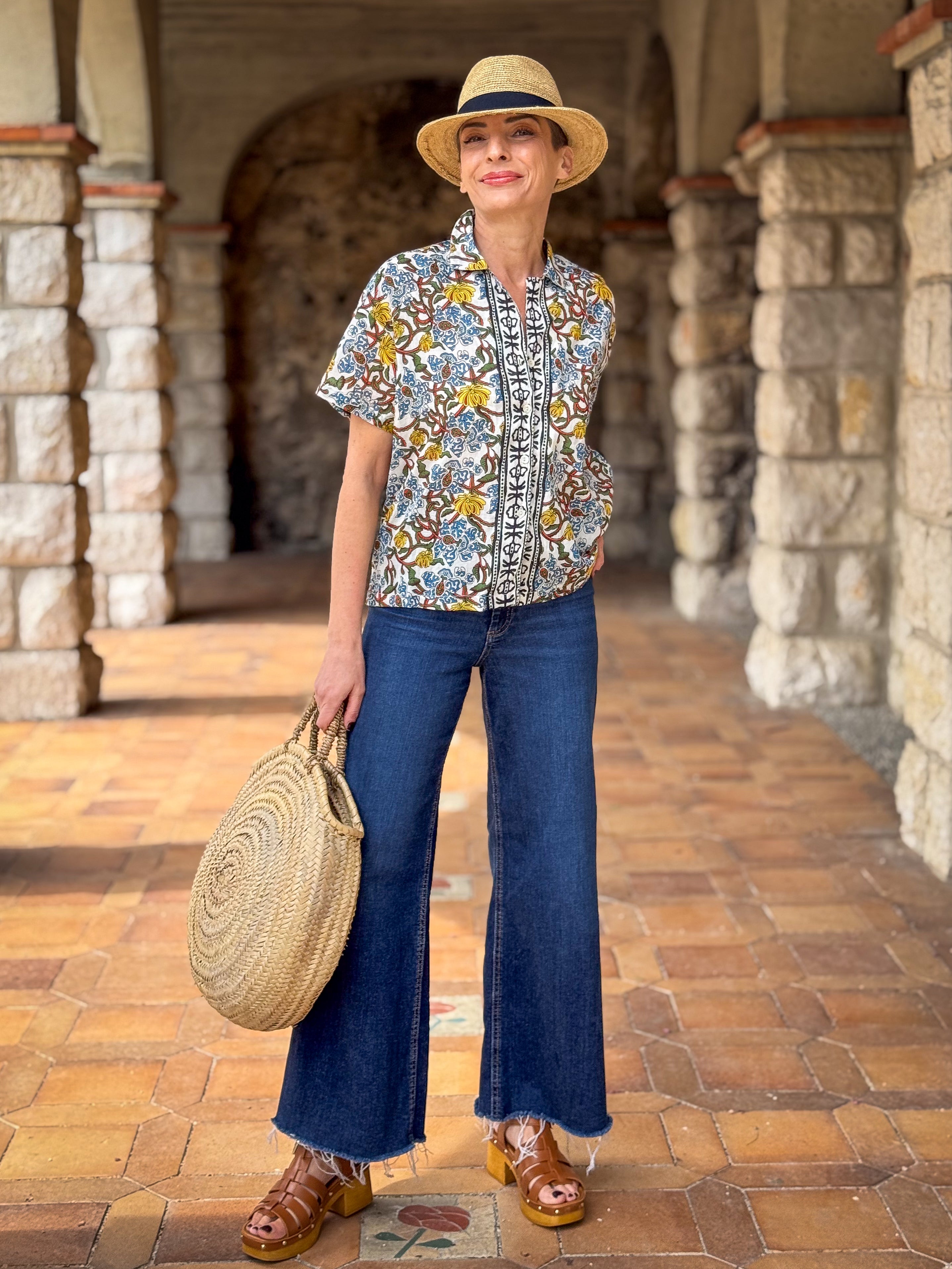 Women’s Cotton Block Print Blouse – 3/4 Sleeves, Coconut Buttons, Relaxed Fit