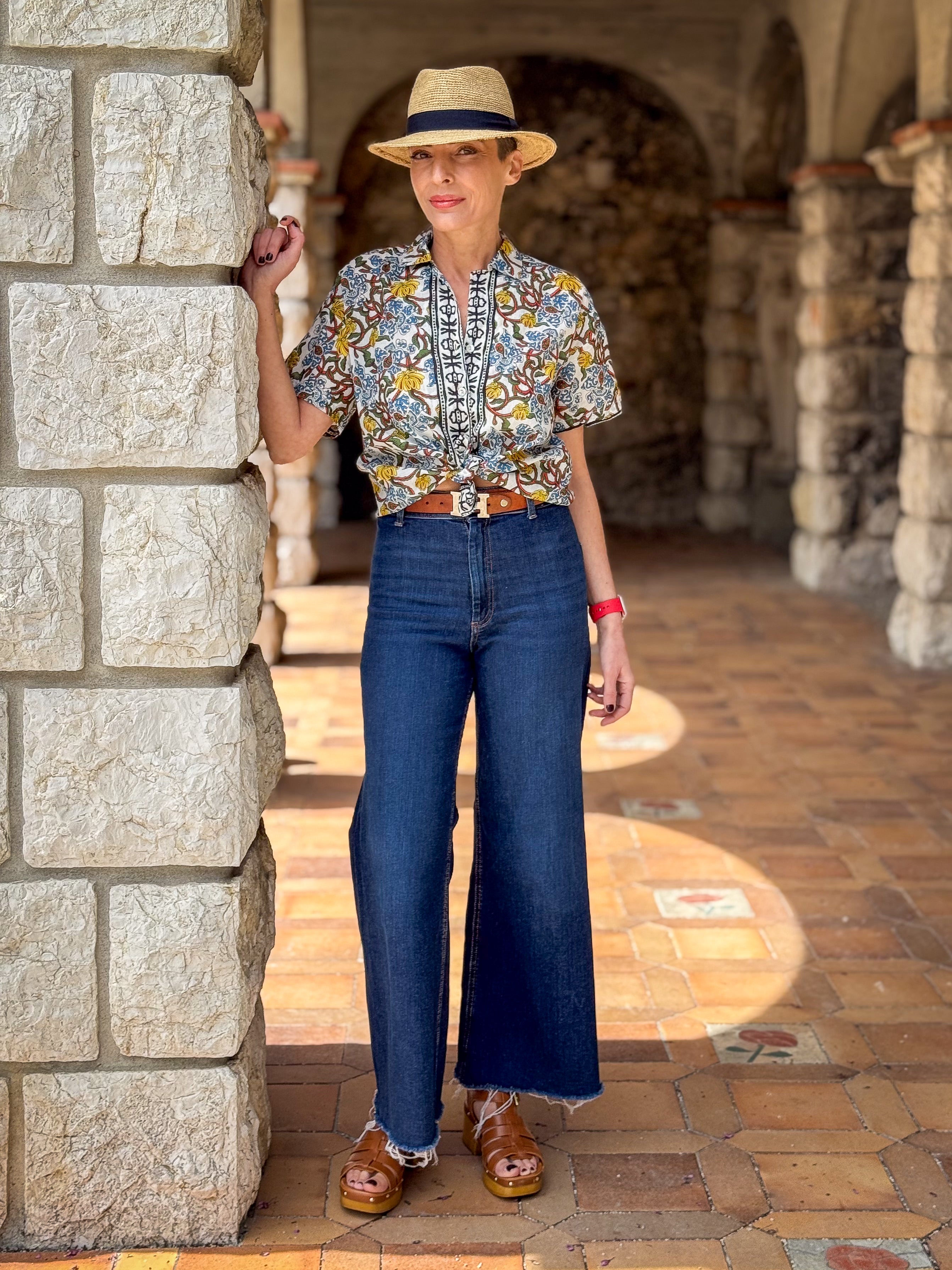 Women’s Cotton Block Print Blouse – 3/4 Sleeves, Coconut Buttons, Relaxed Fit