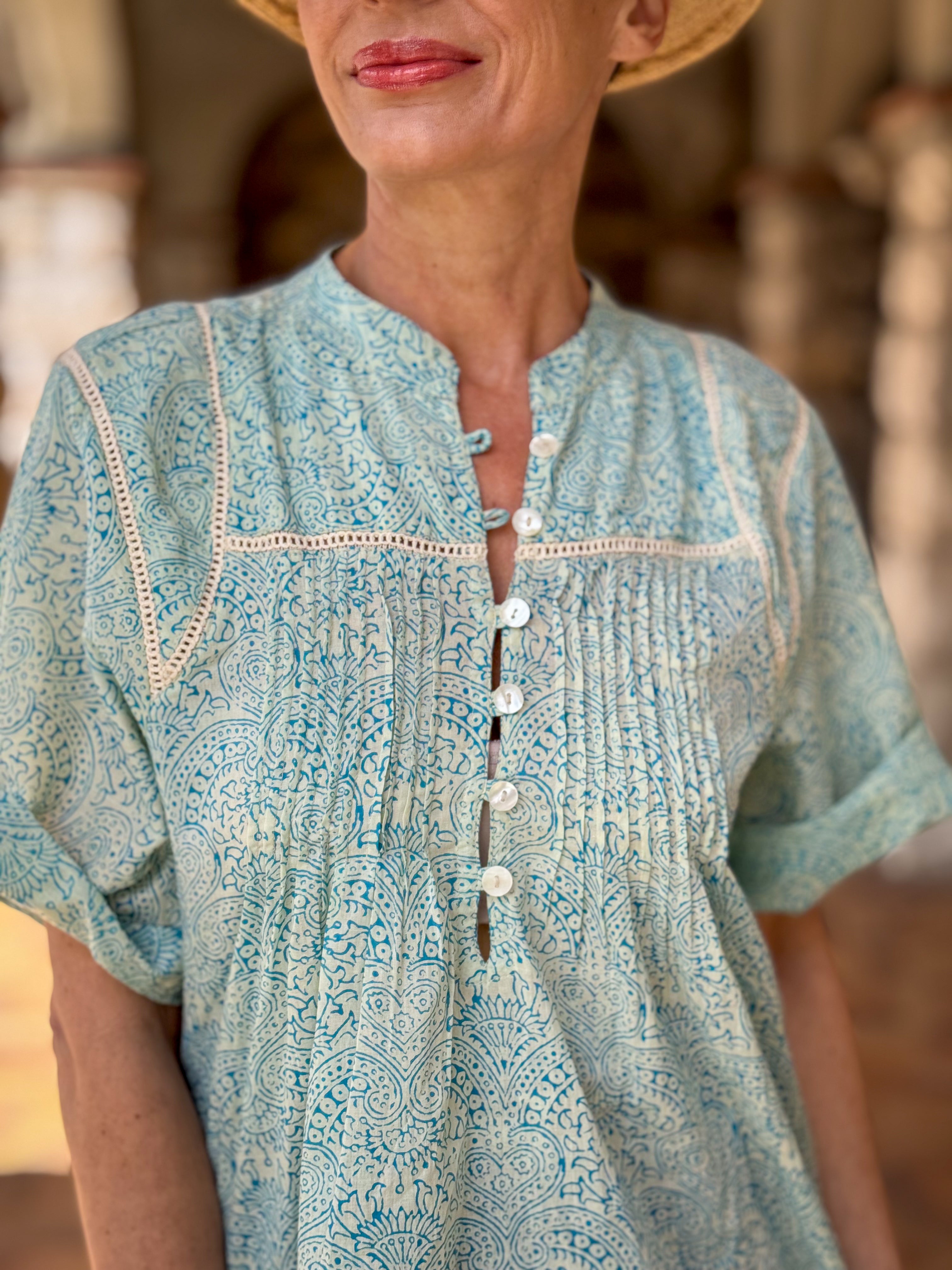 Women’s Cotton Block Print Blouse – Tunisian Collar, Short Sleeves, Flowy Fit