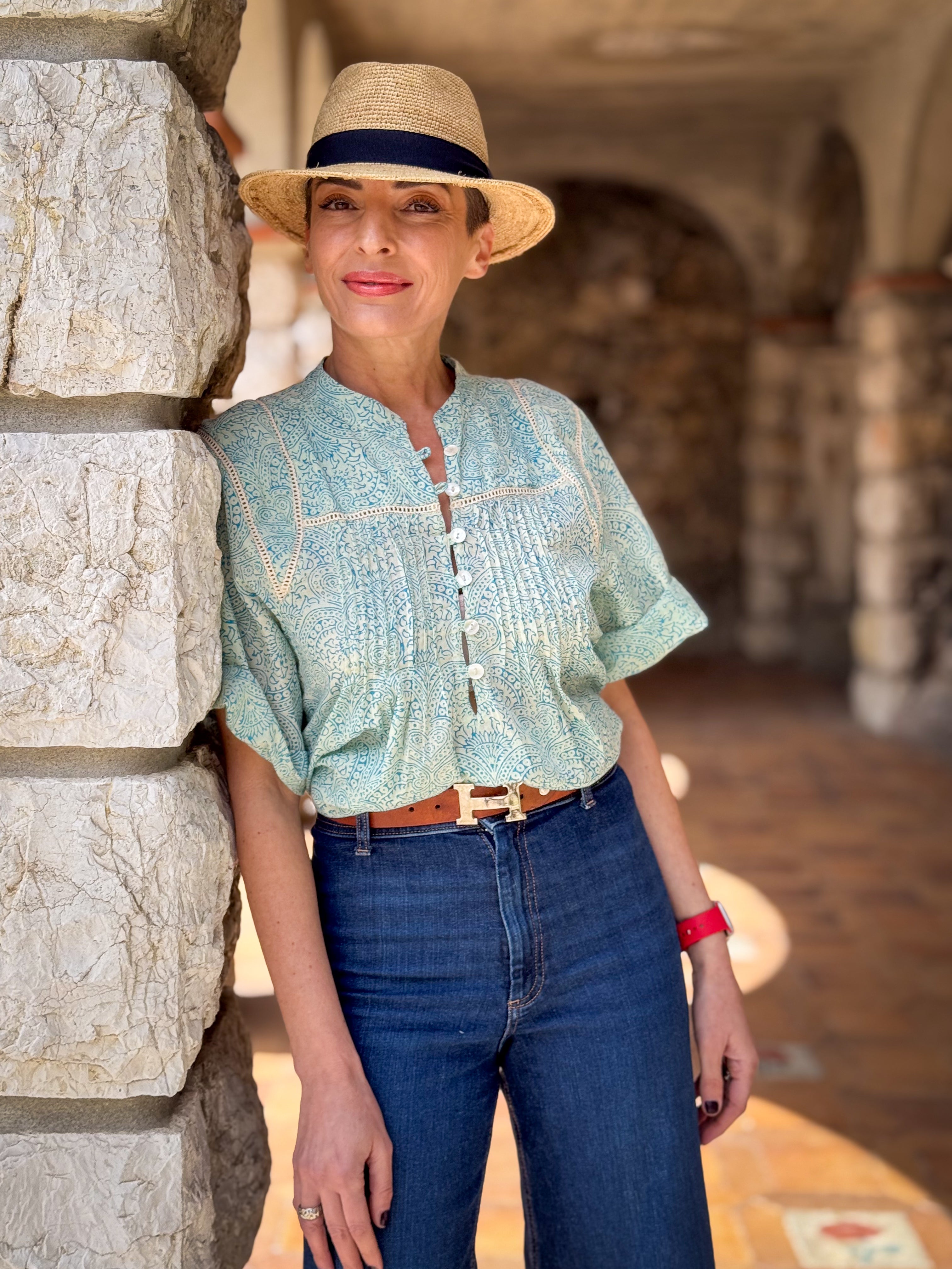 Women’s Cotton Block Print Blouse – Tunisian Collar, Short Sleeves, Flowy Fit