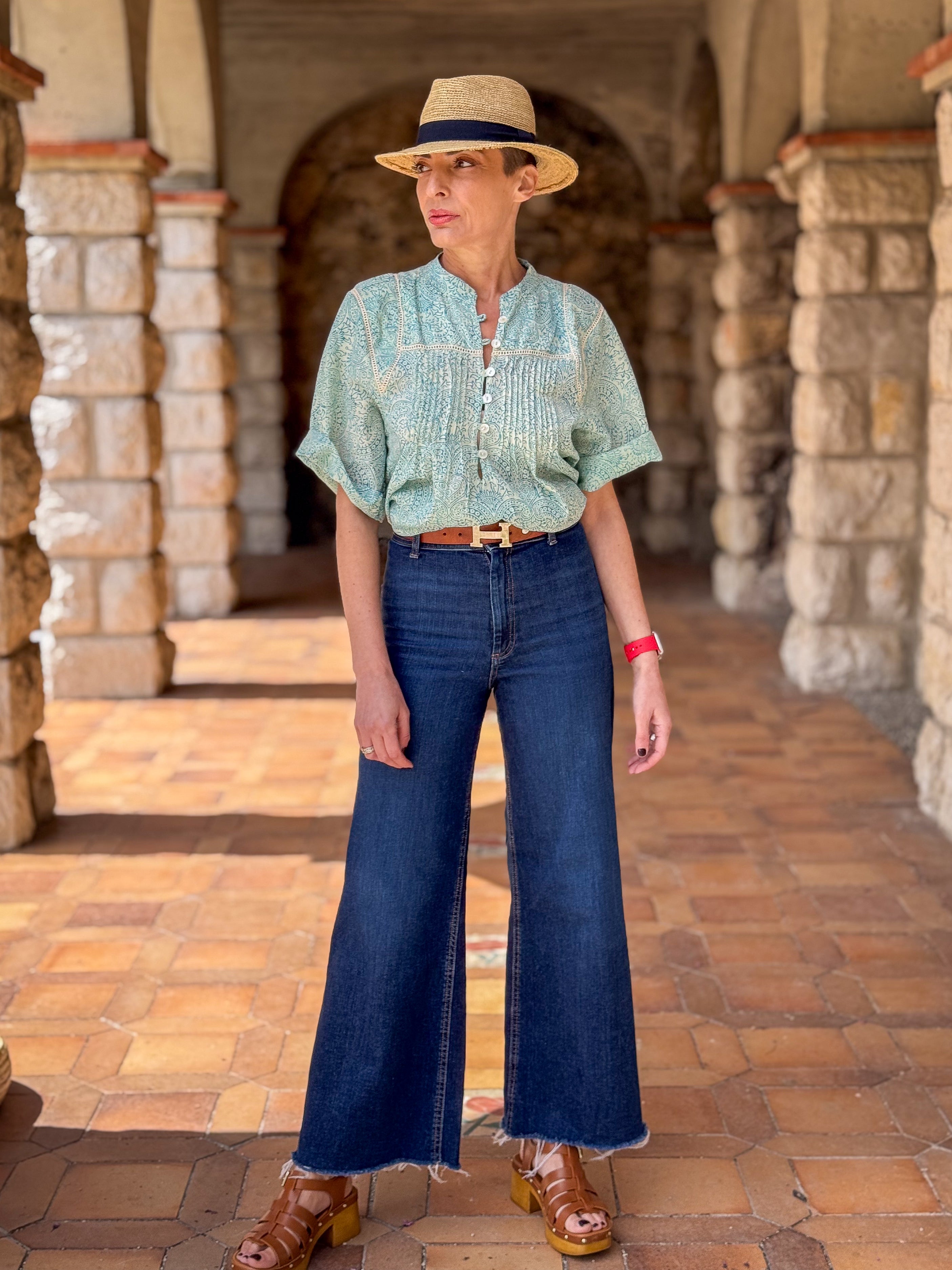 Women’s Cotton Block Print Blouse – Tunisian Collar, Short Sleeves, Flowy Fit