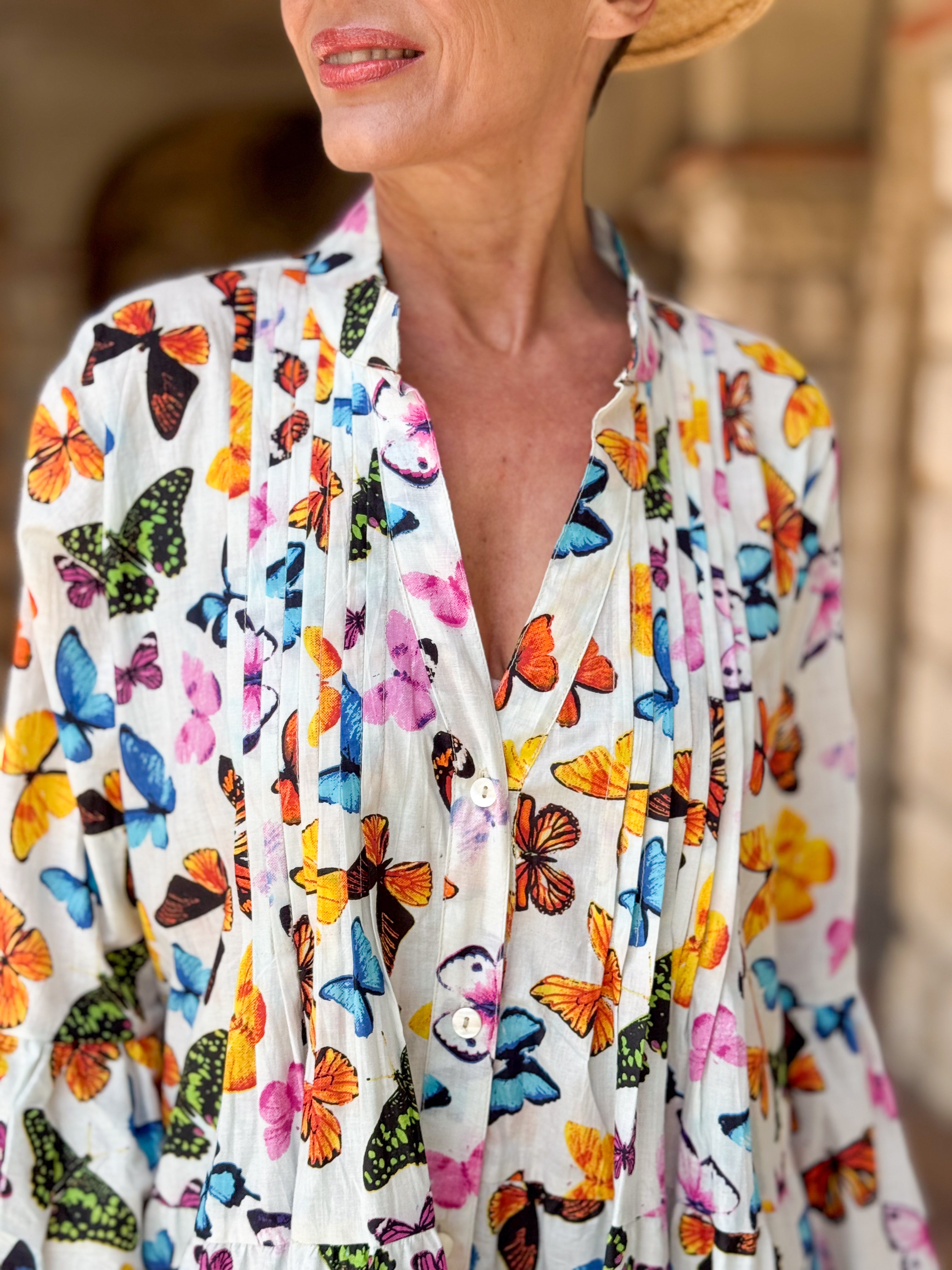 Women’s Short Cotton Dress with Butterfly Print – Loose Fit, Long Sleeves