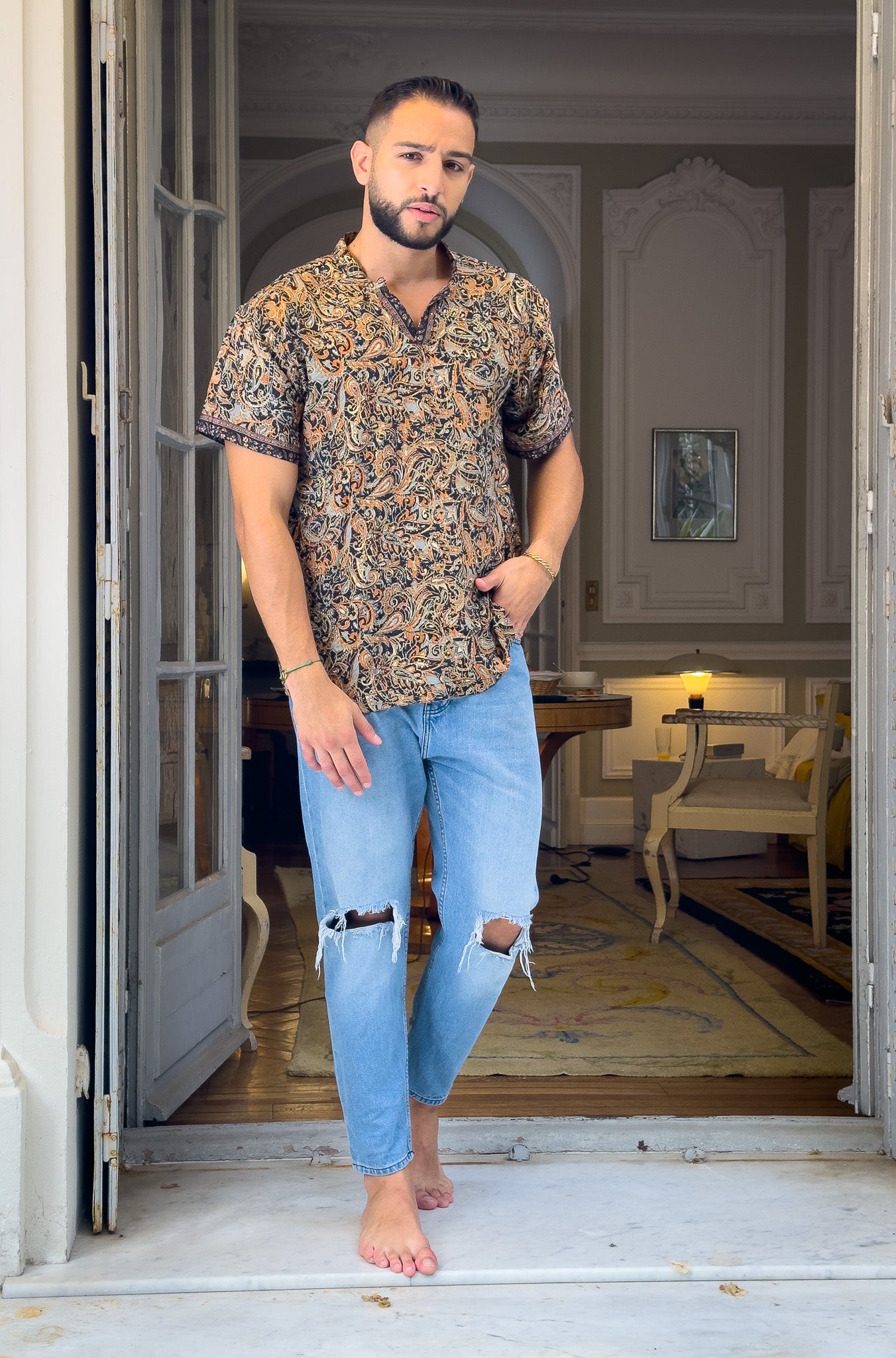 T-shirt Col Mao / T-shirt homme en soie / T-shirt col V / T-shirt ajusté en soie / vêtement pour homme / Cadeau pour lui