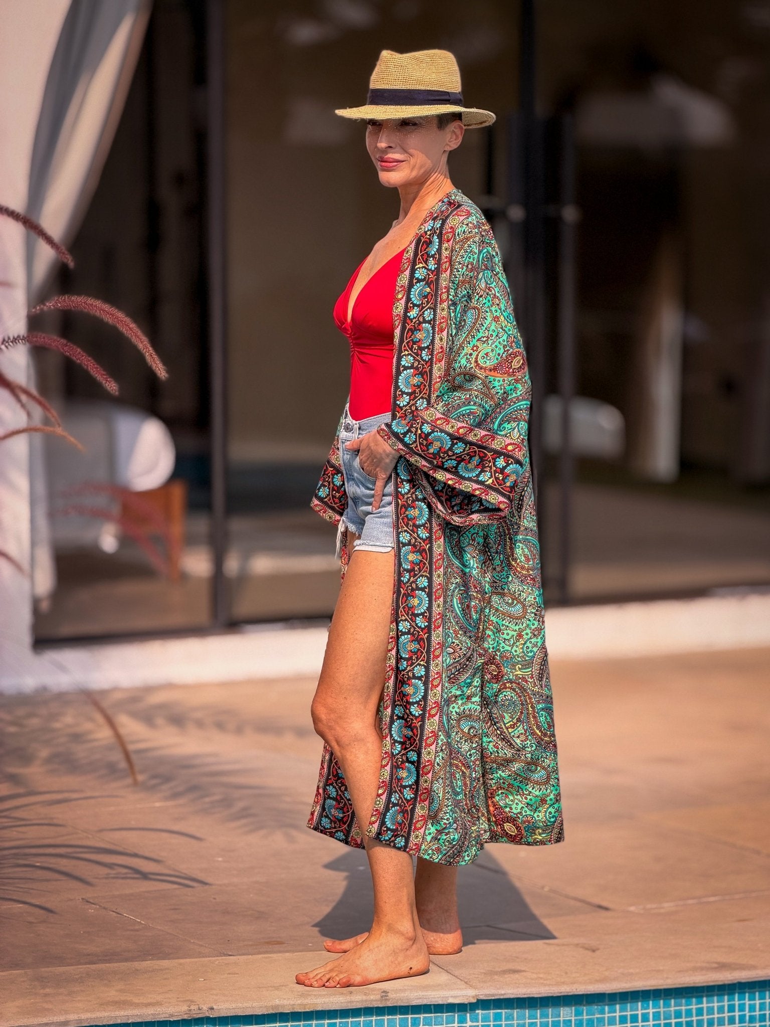 Green Vintage Silk Kimono – open front – elegant boho style