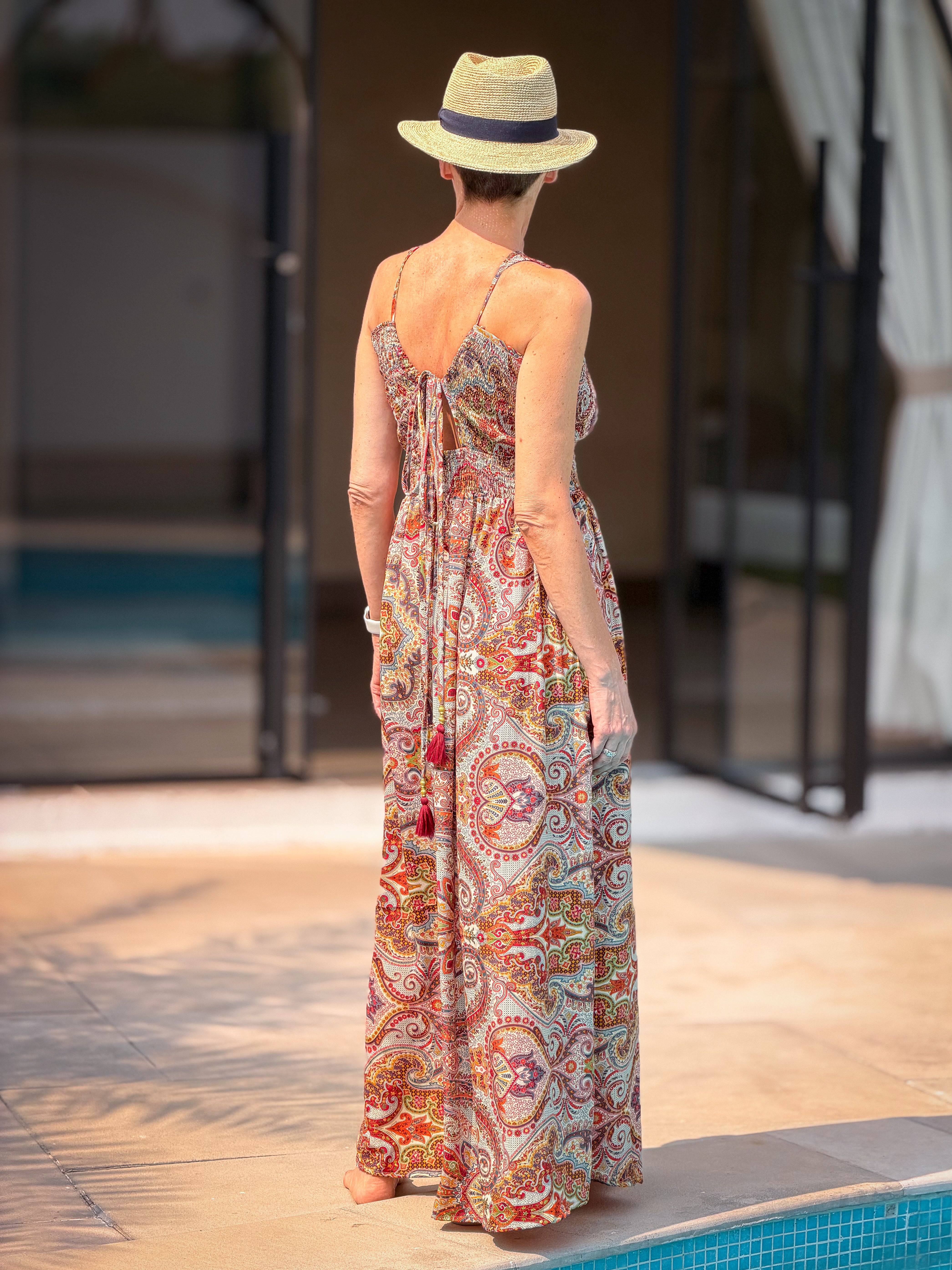Robe longue vintage réversible en soie – robe bohème légère avec poches