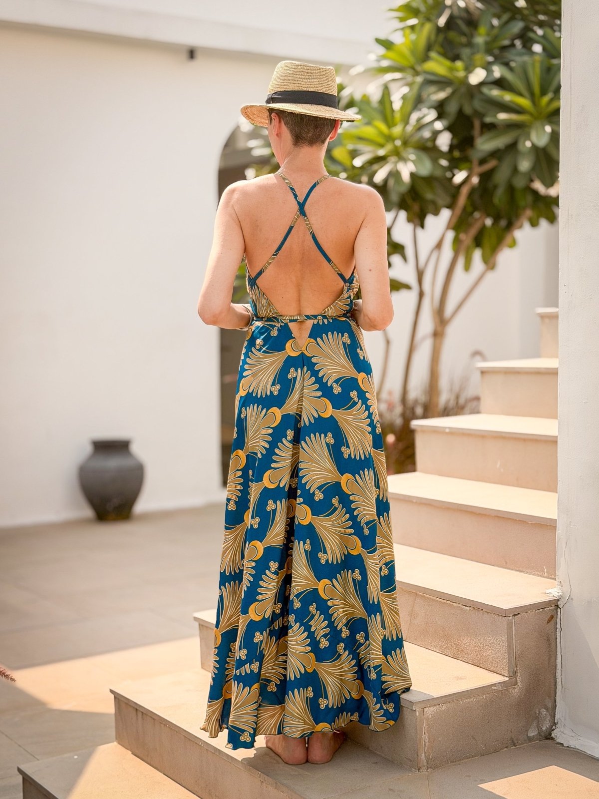 Silk backless dress – Boho summer style – Cross back straps