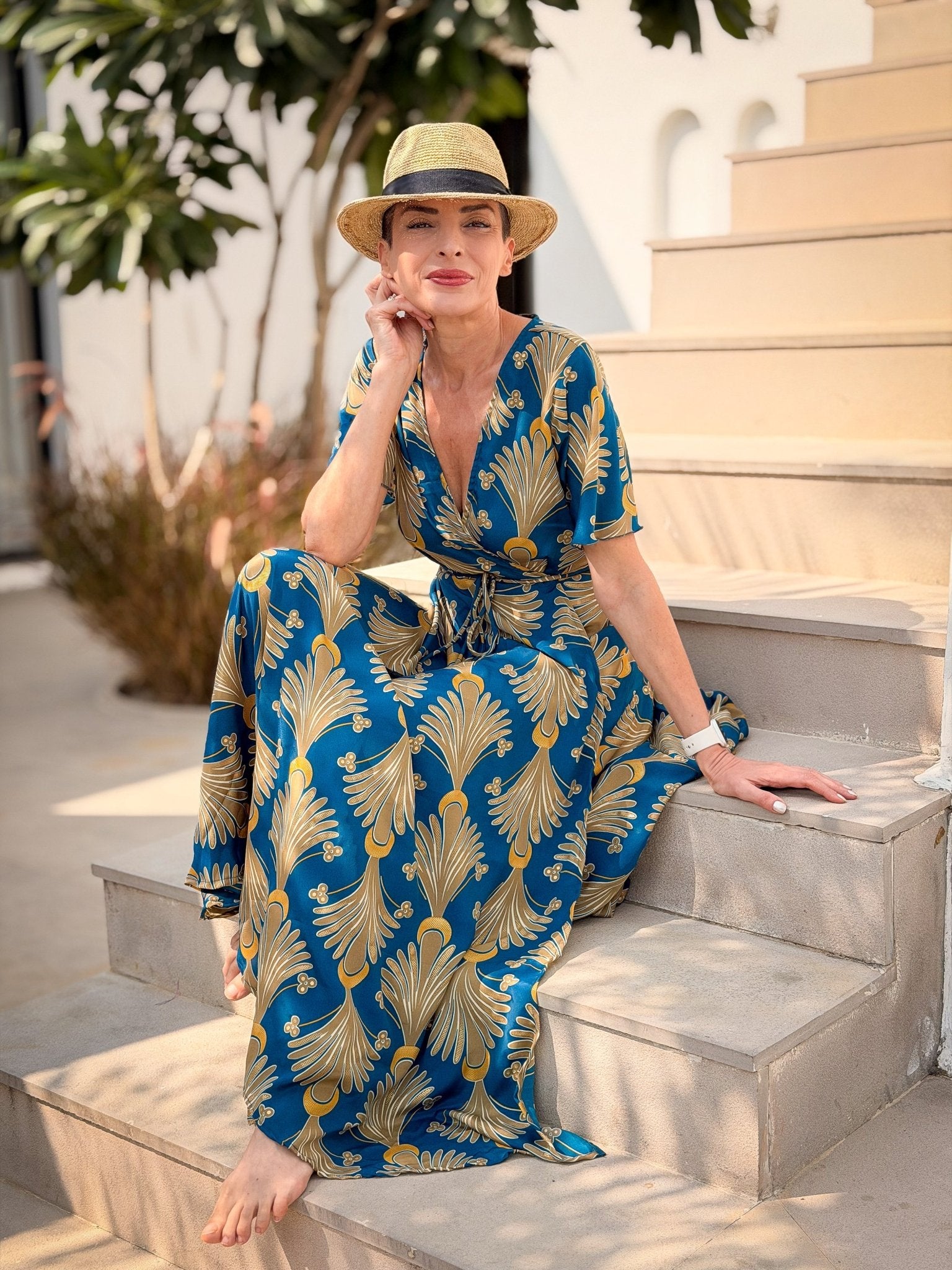 Boho wrap dress in silk – short sleeves, V-neck, fluid fit