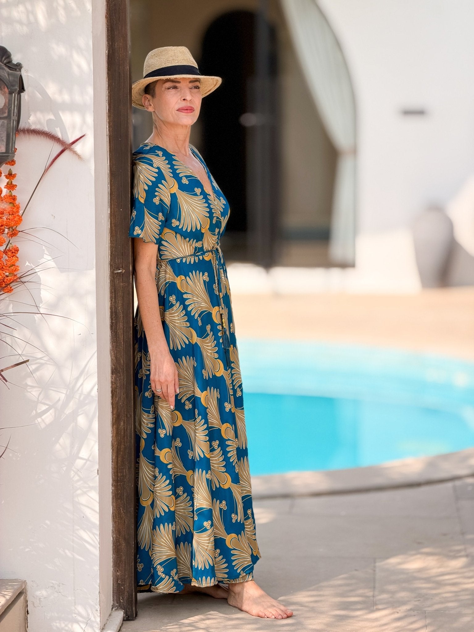 Boho wrap dress in silk – short sleeves, V-neck, fluid fit