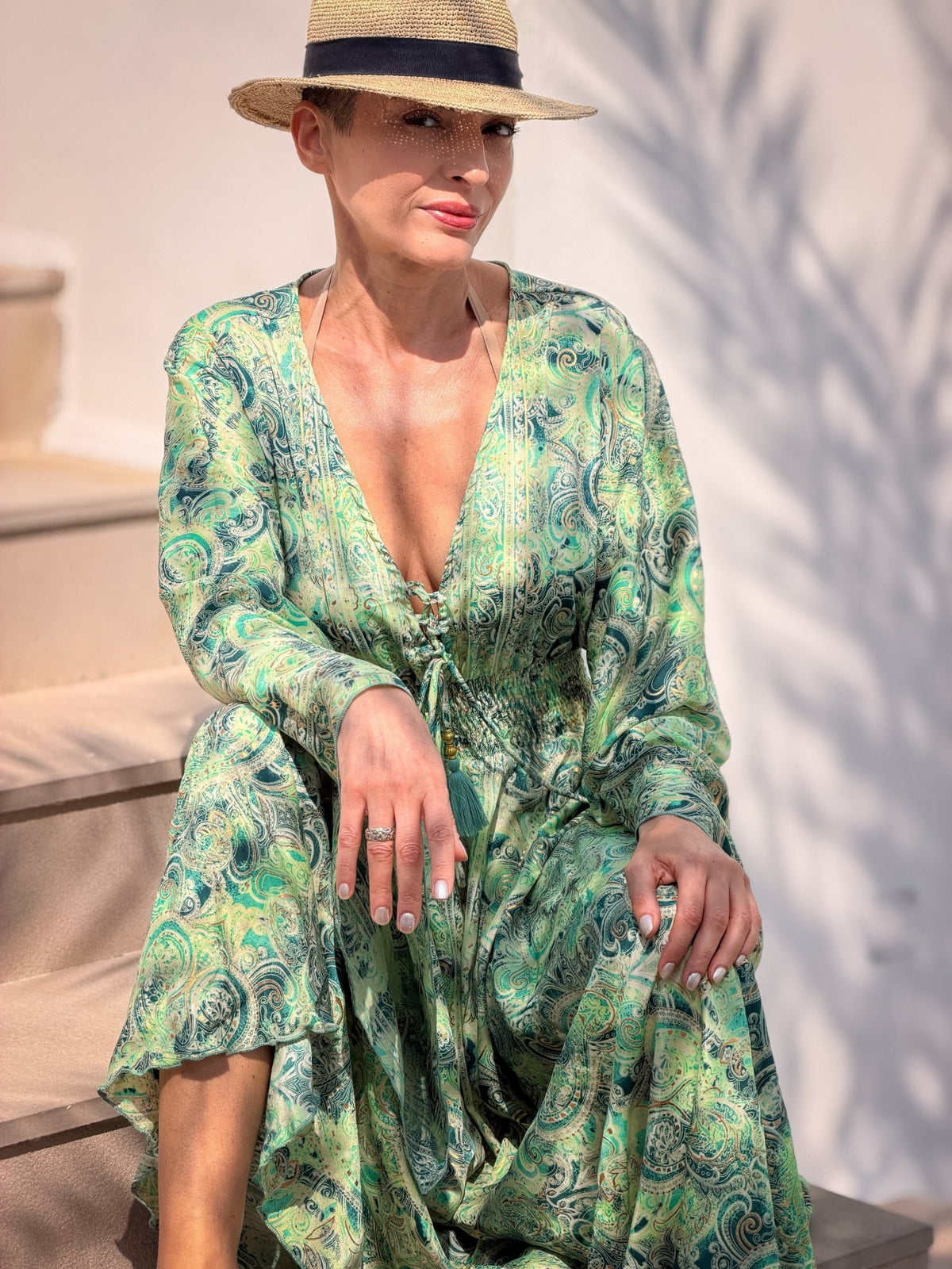 Silk maxi dress – lace-up front, vintage boho style