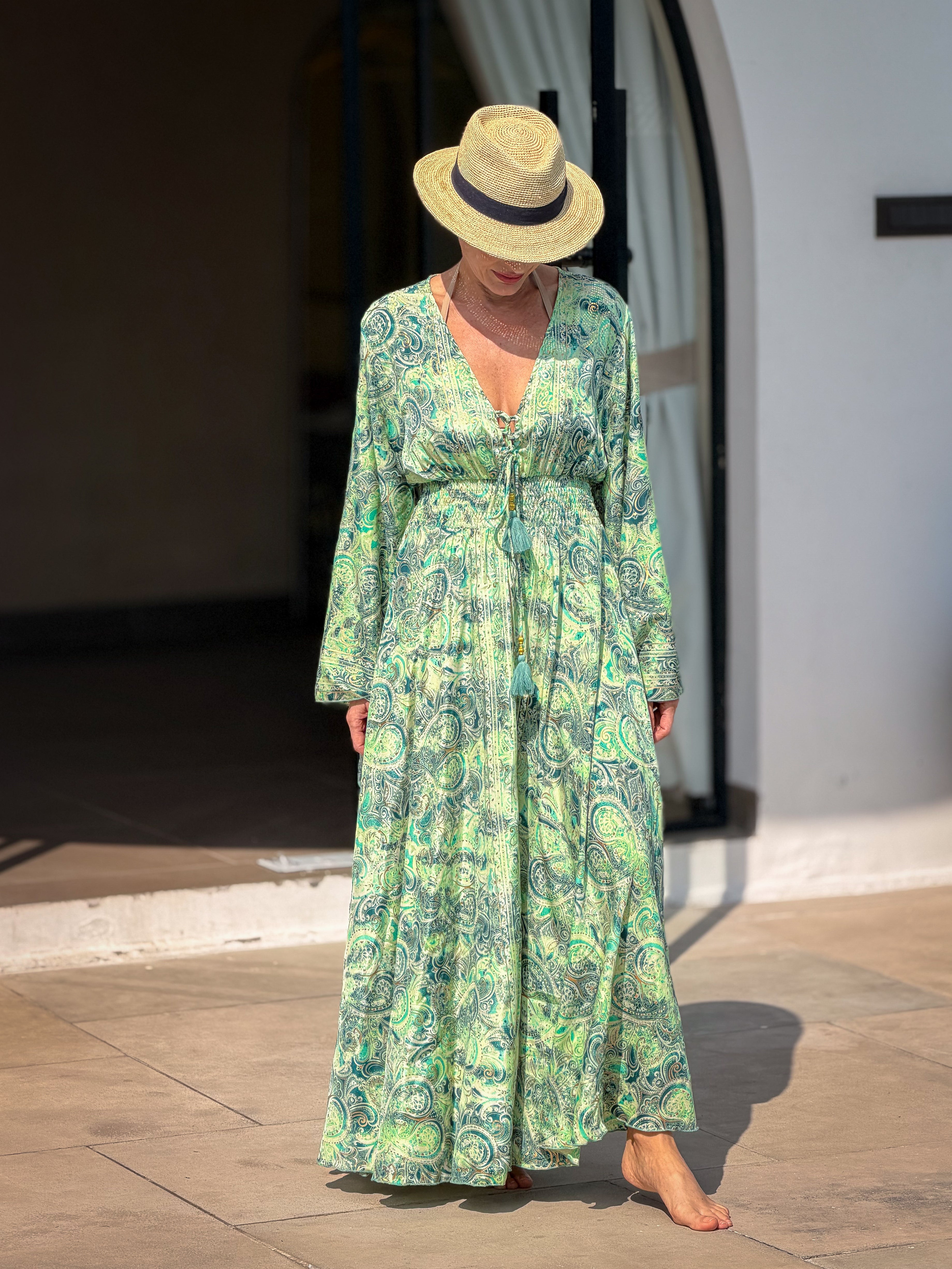 Silk maxi dress – lace-up front, vintage boho style