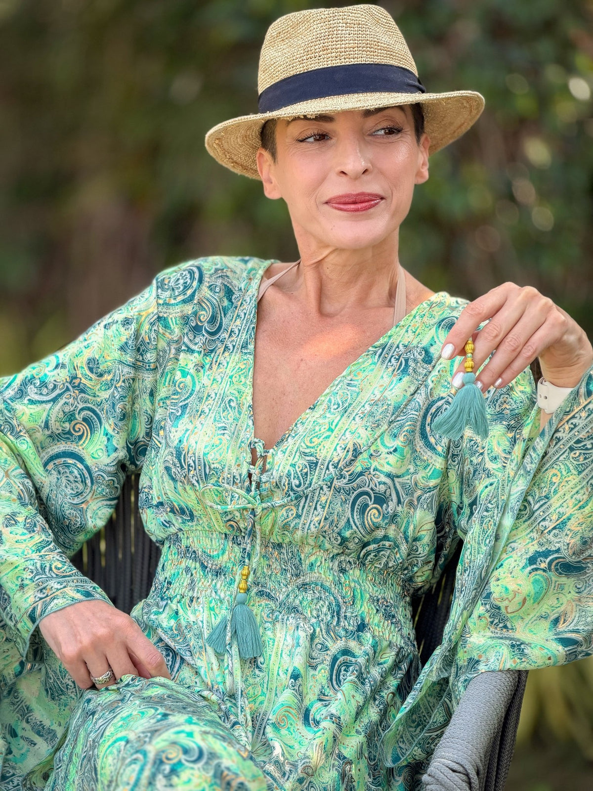 Silk maxi dress – lace-up front, vintage boho style