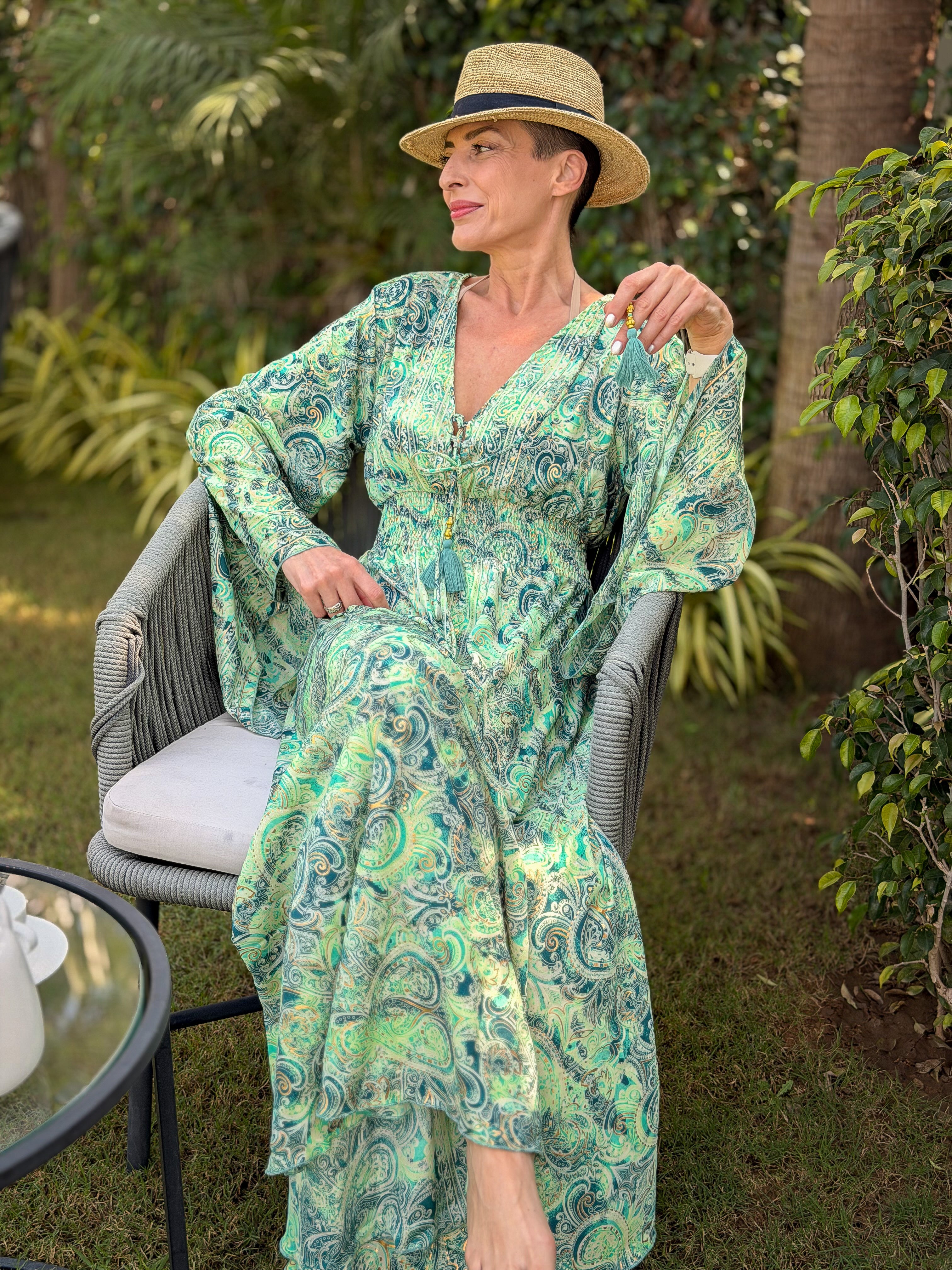 Silk maxi dress – lace-up front, vintage boho style