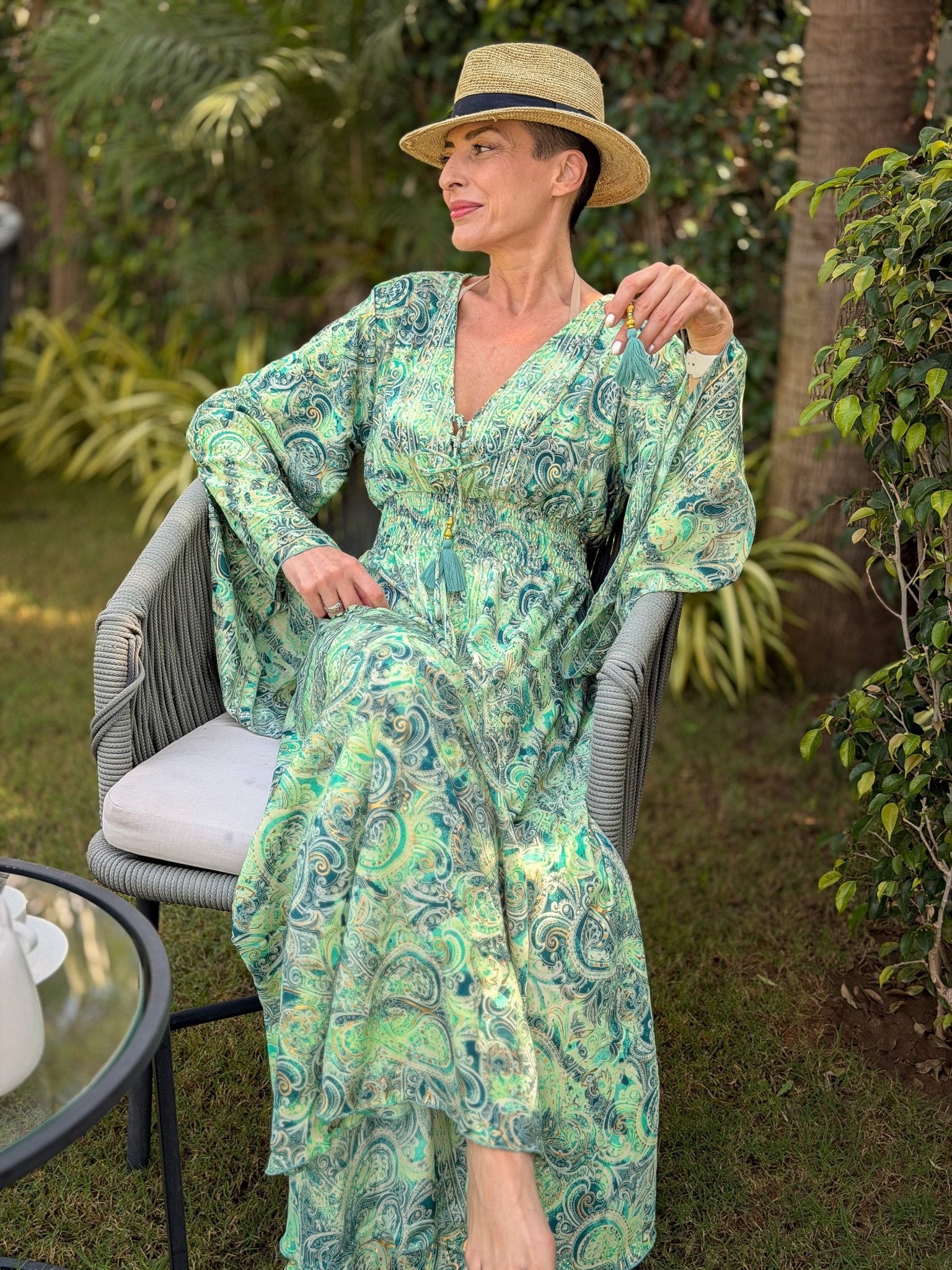 Silk maxi dress – lace-up front, vintage boho style