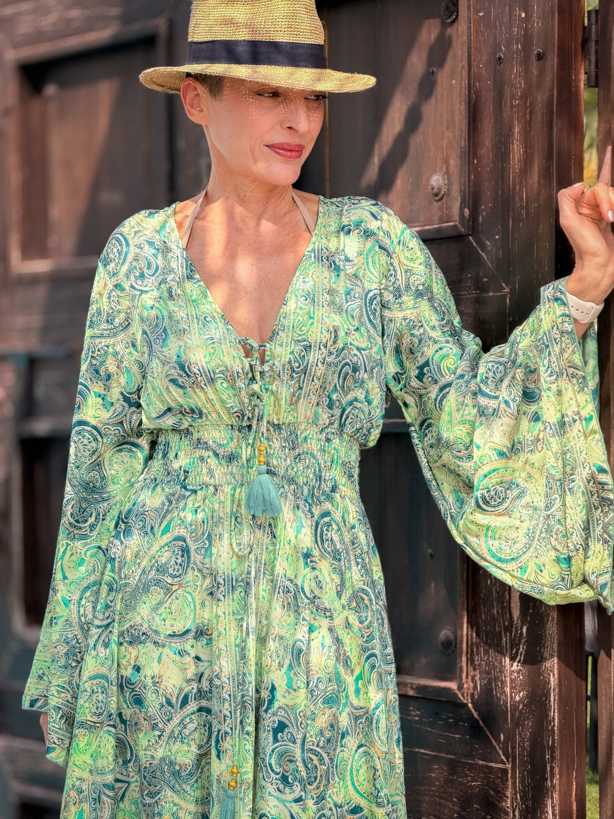Silk maxi dress – lace-up front, vintage boho style
