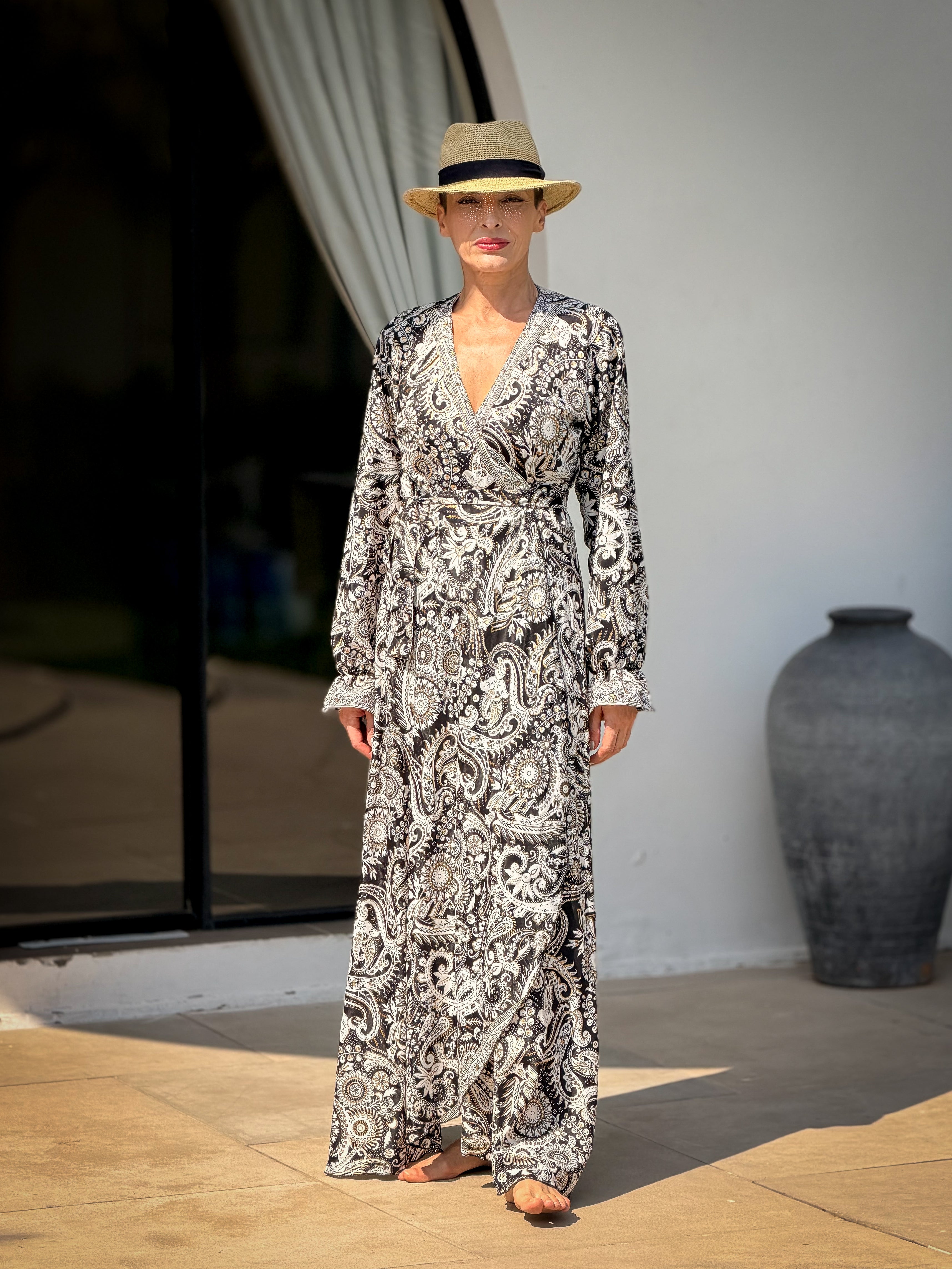 Robe longue portefeuille chic – cache-cœur fendue fluide, tenue élégante toutes saisons