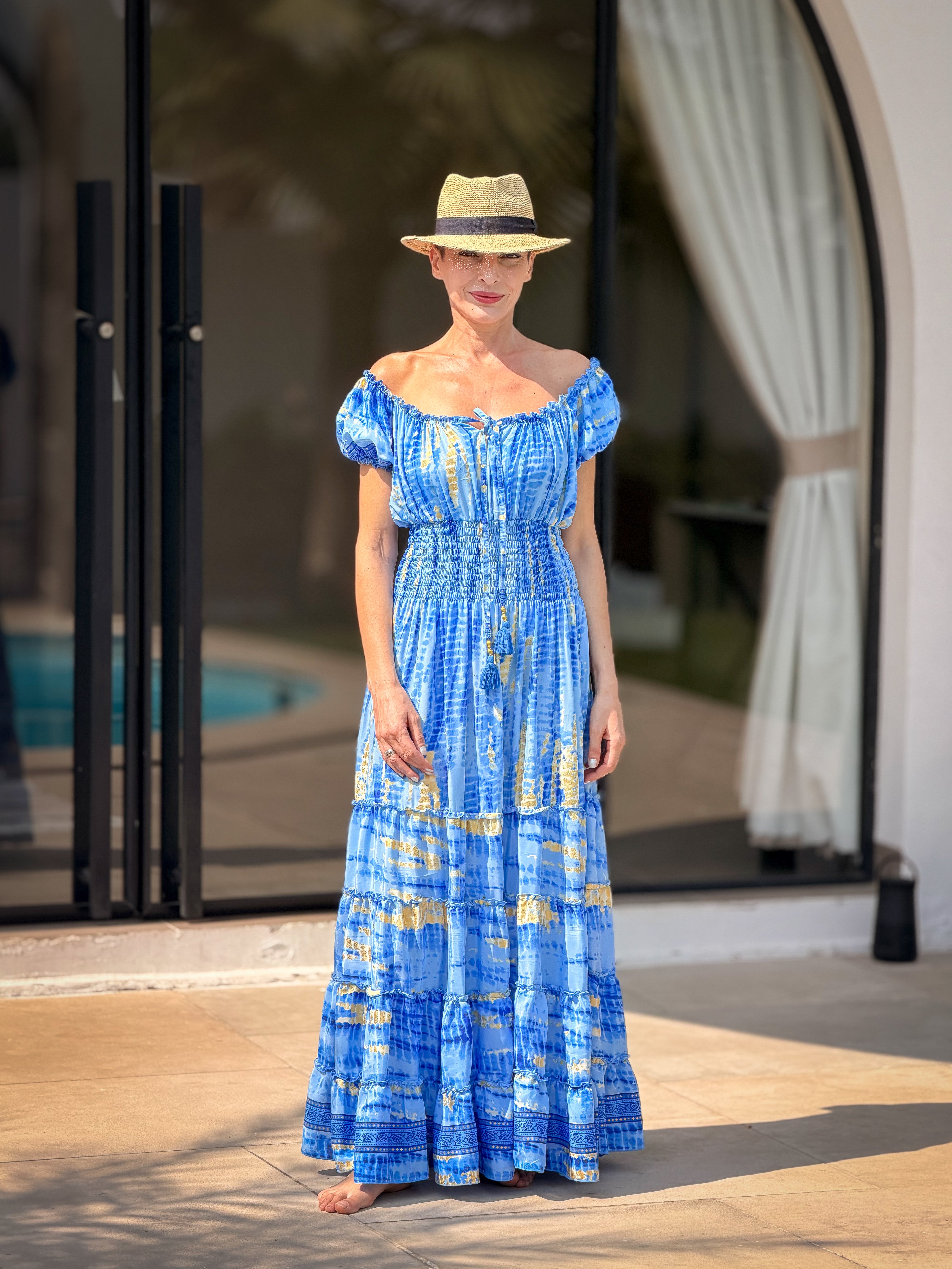 Boho long ruffled silk dress, off-shoulder neckline