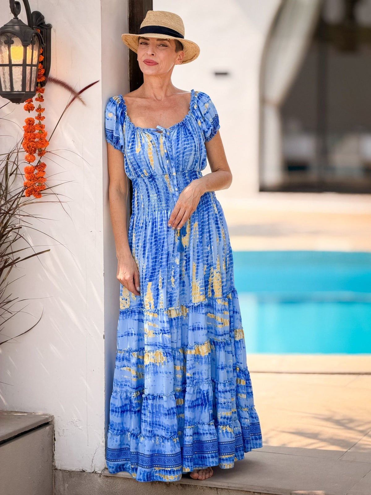Boho long ruffled silk dress, off-shoulder neckline