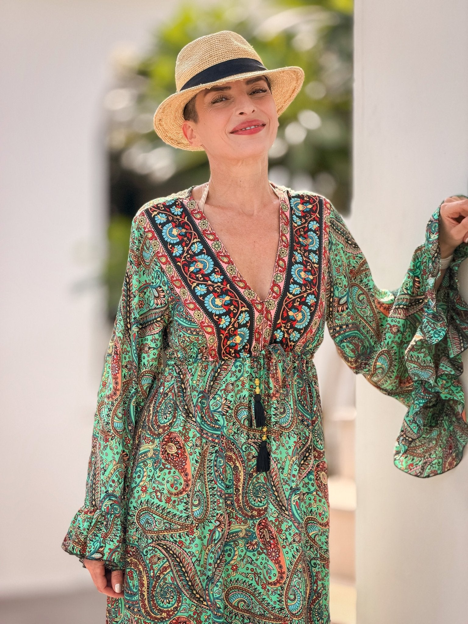 Long Bohemian Silk Dress – V-neck & Flared Sleeves