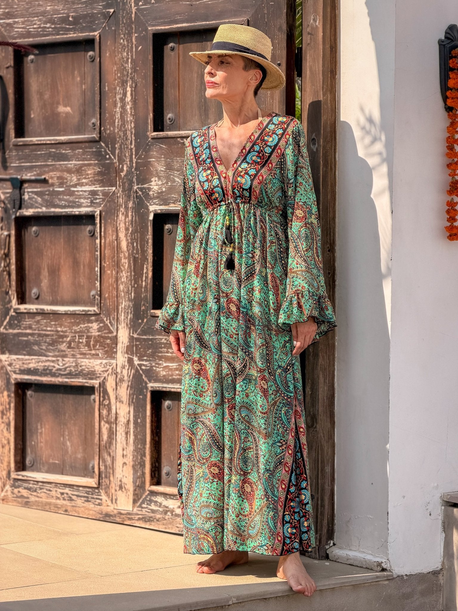 Long Bohemian Silk Dress – V-neck & Flared Sleeves