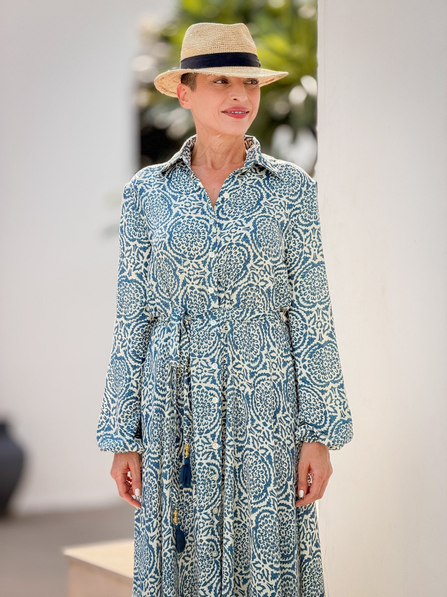Vintage long silk dress – flowy belted shirt dress