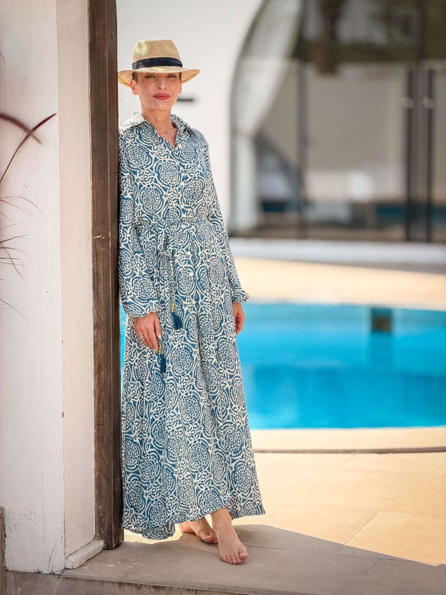 Vintage long silk dress – flowy belted shirt dress