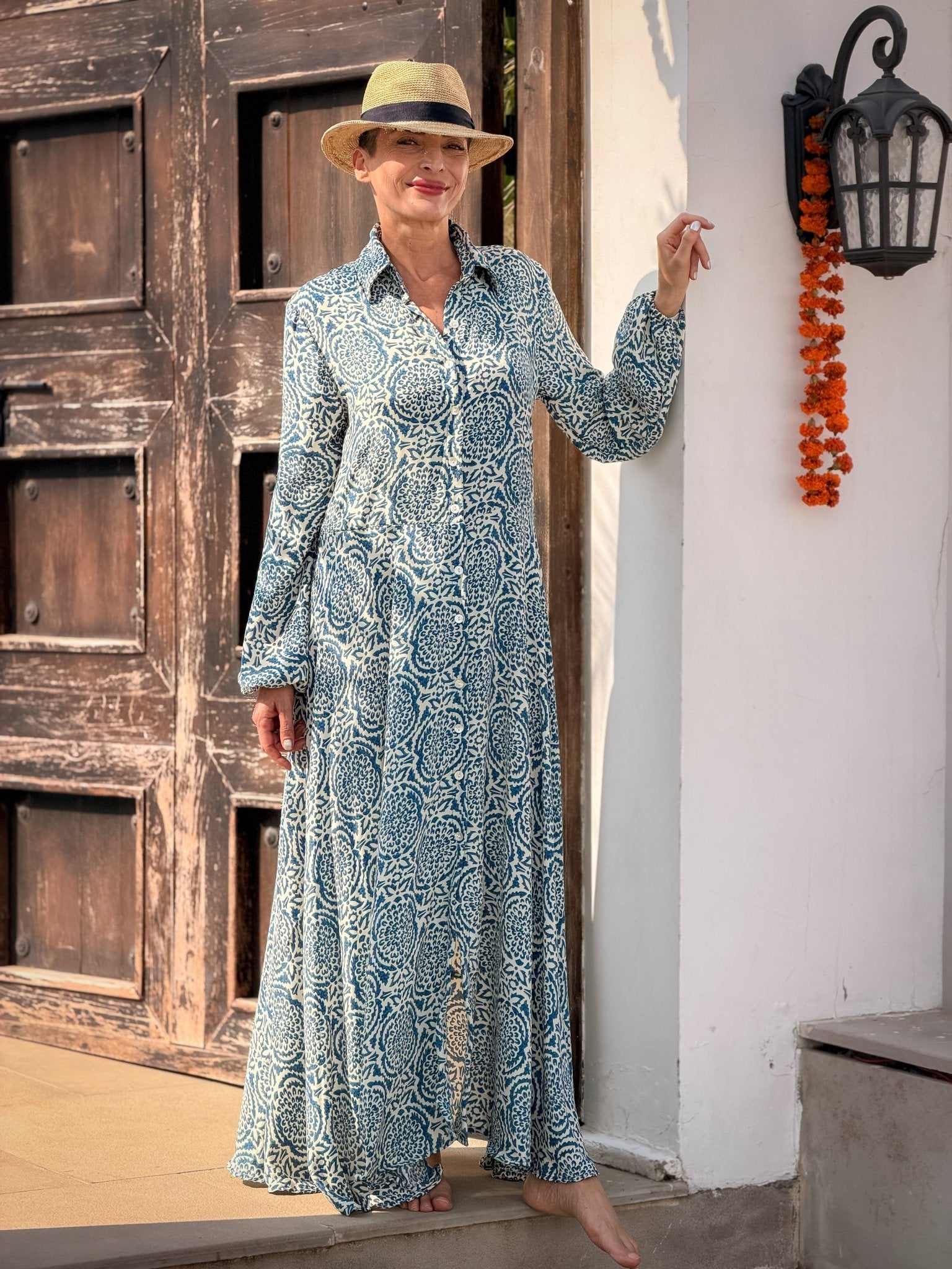 Vintage long silk dress – flowy belted shirt dress