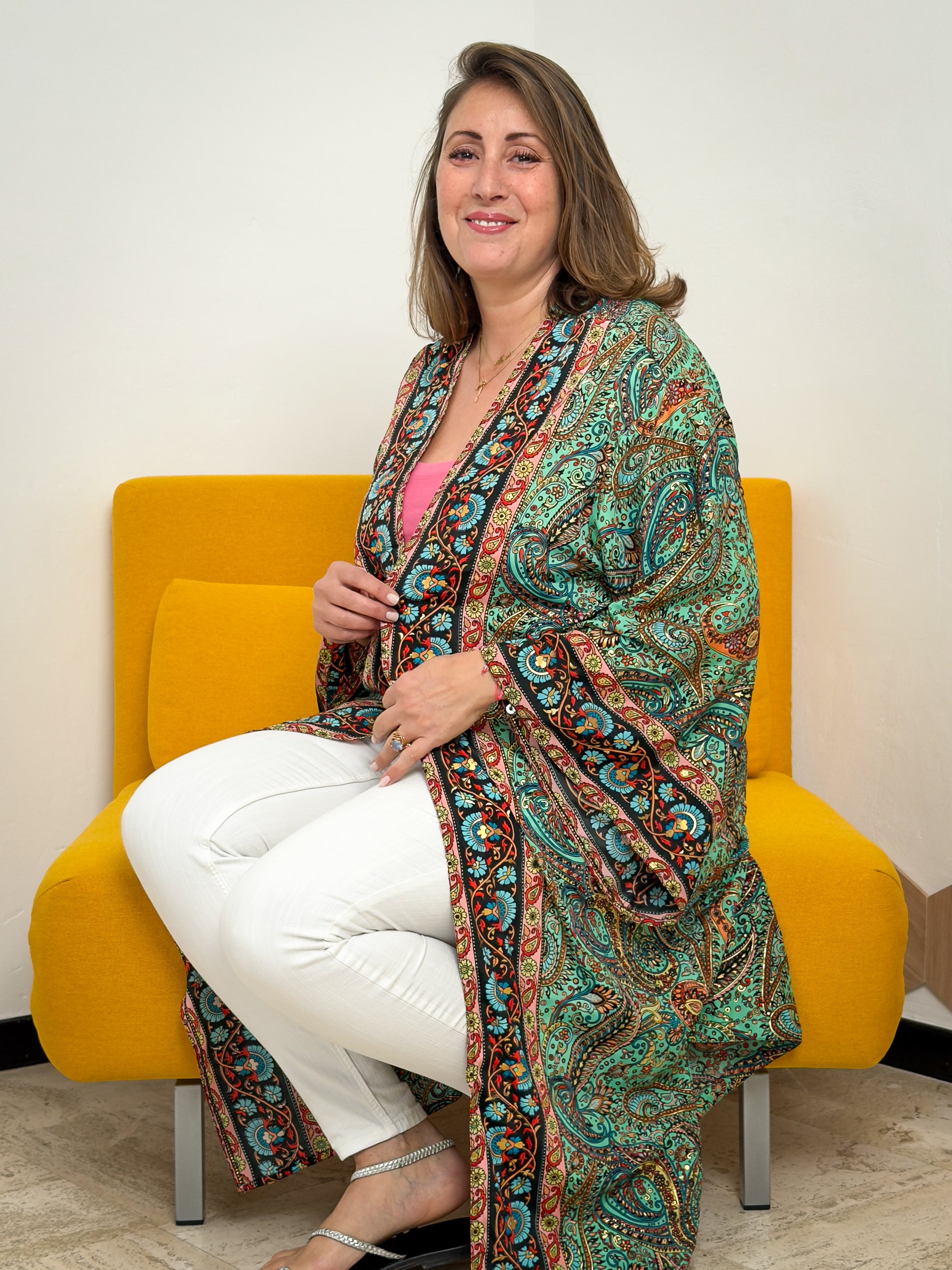 Green Vintage Silk Kimono – open front – elegant boho style