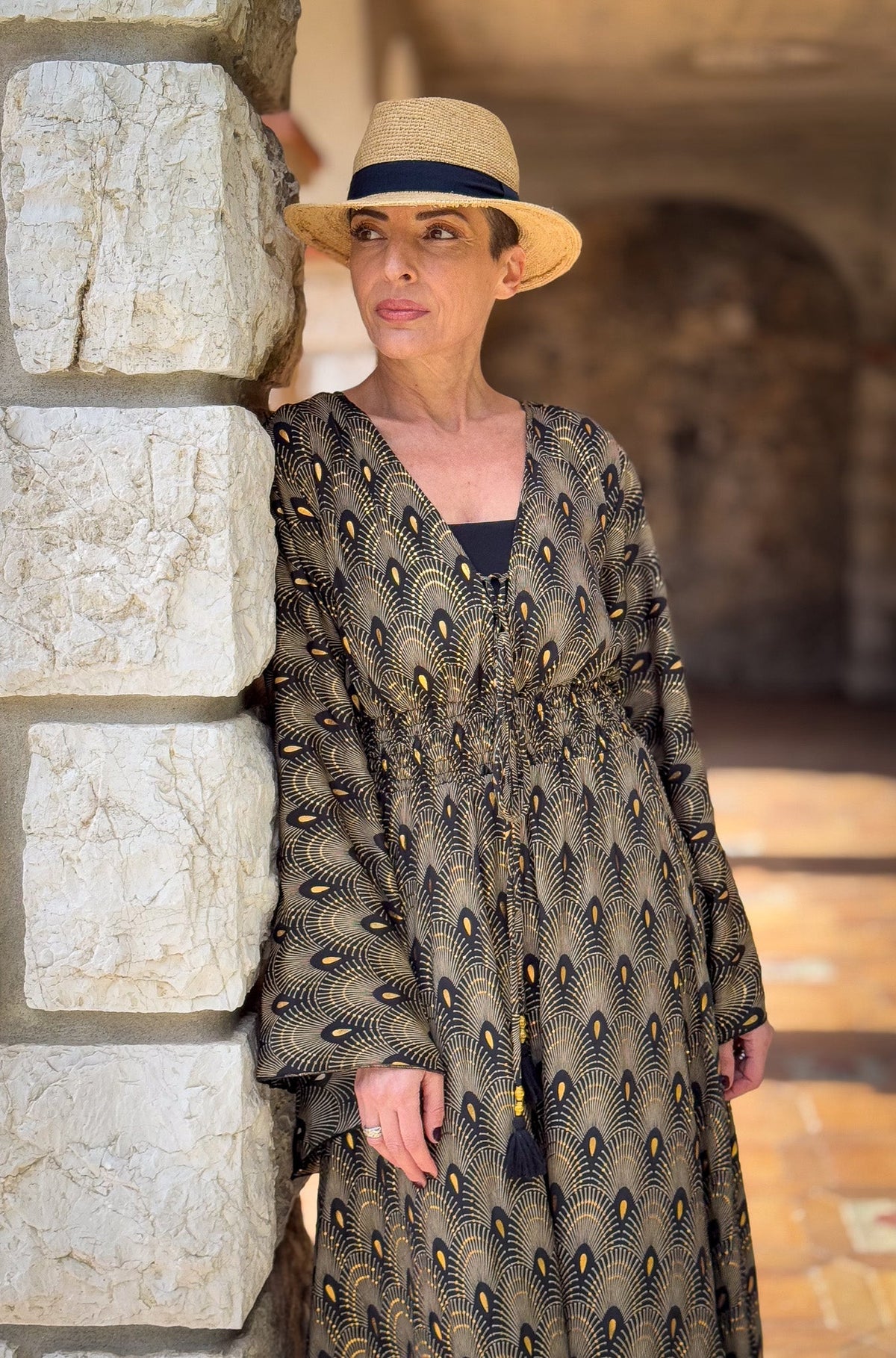 Robe longue boho en soie, robe vintage en soie, robe décolleté, robe smockée, robe gypsy bohème, robe manches évasées, robe d'été