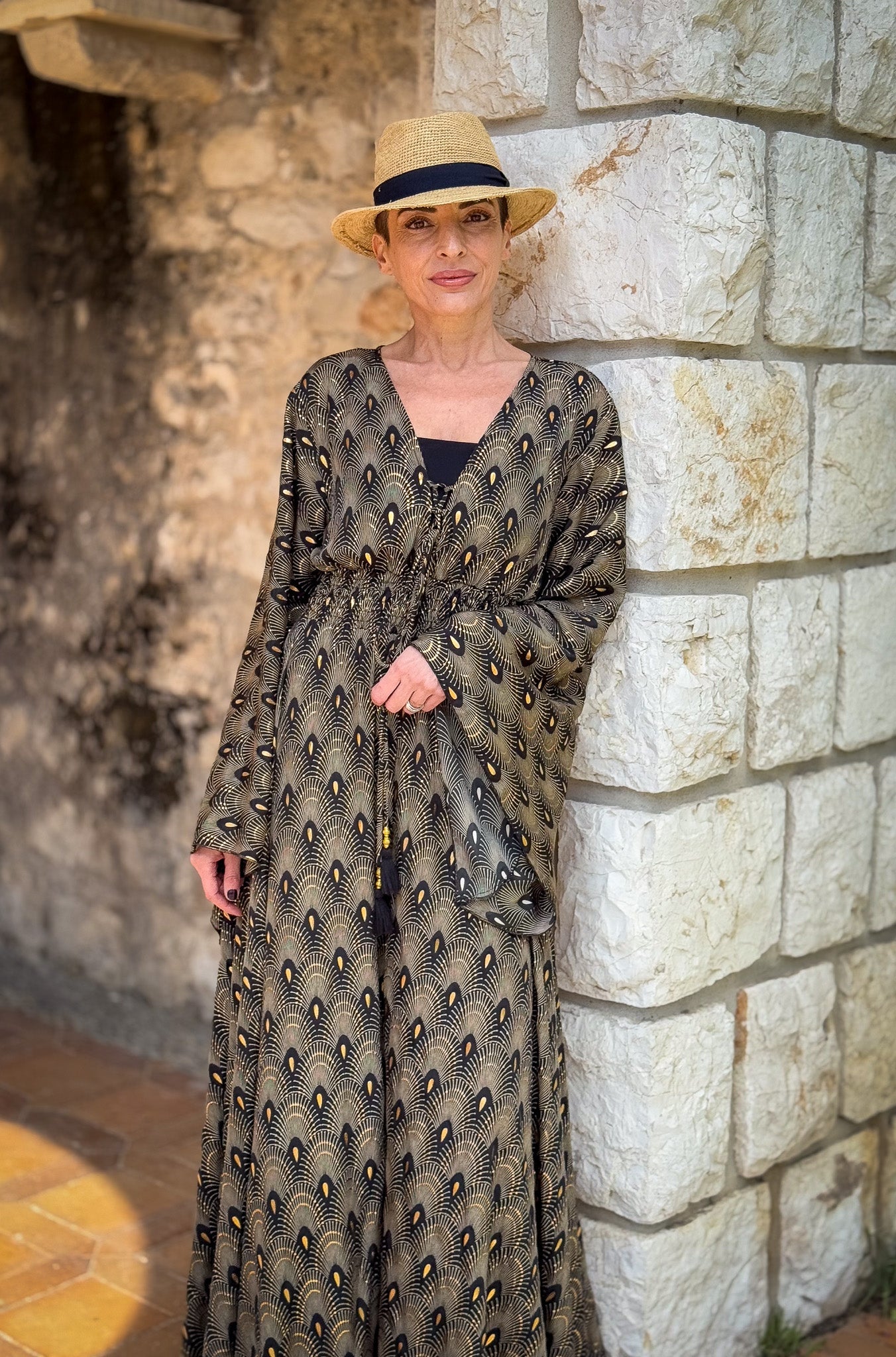 Robe longue boho en soie, robe vintage en soie, robe décolleté, robe smockée, robe gypsy bohème, robe manches évasées, robe d'été