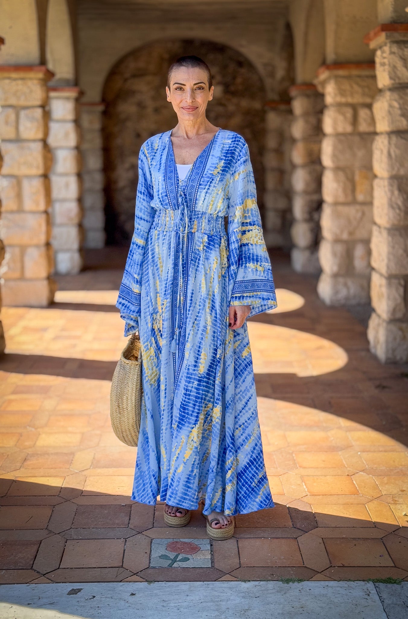 Long boho silk dress, vintage silk dress, plunging neckline dress, shirring dress, bohemian gypsy dress, summer dress